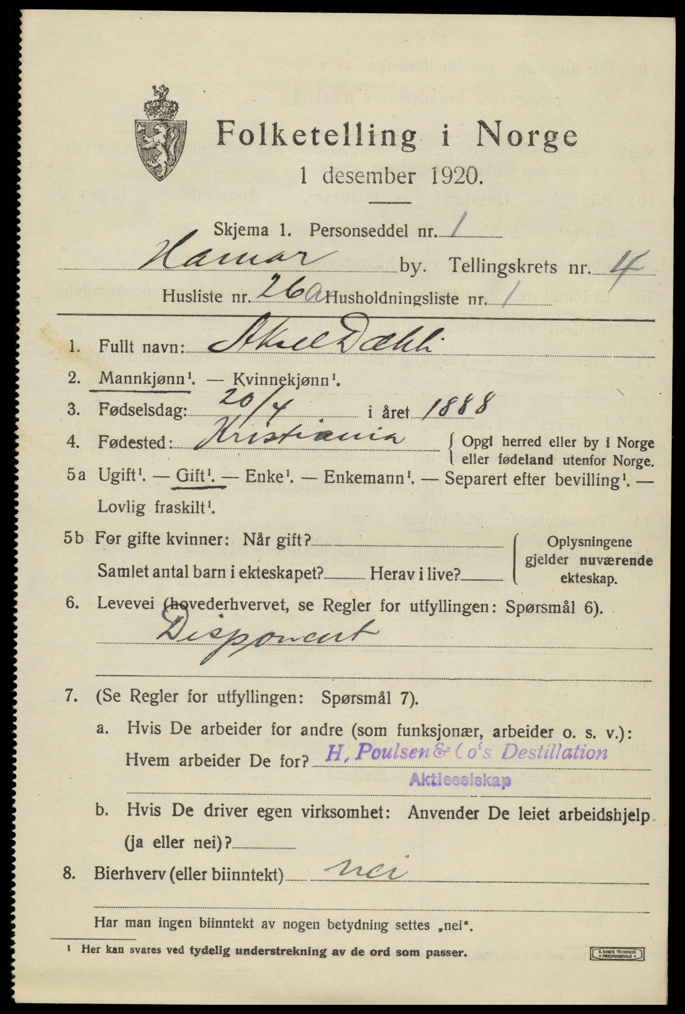 SAH, 1920 census for Hamar, 1920, p. 9059