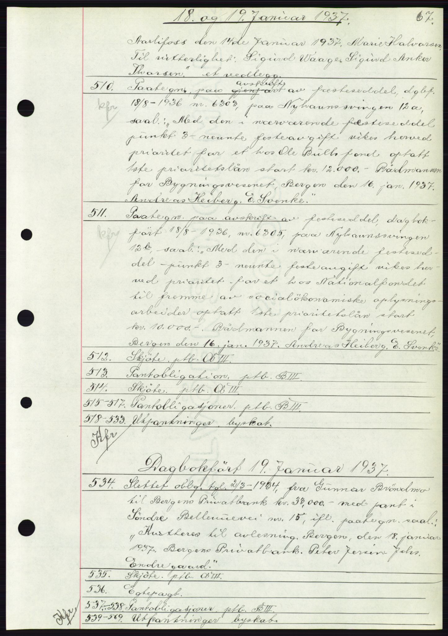 Byfogd og Byskriver i Bergen, AV/SAB-A-3401/03: Mortgage book no. C 3, 1936-1937, Diary no: : 510/1937