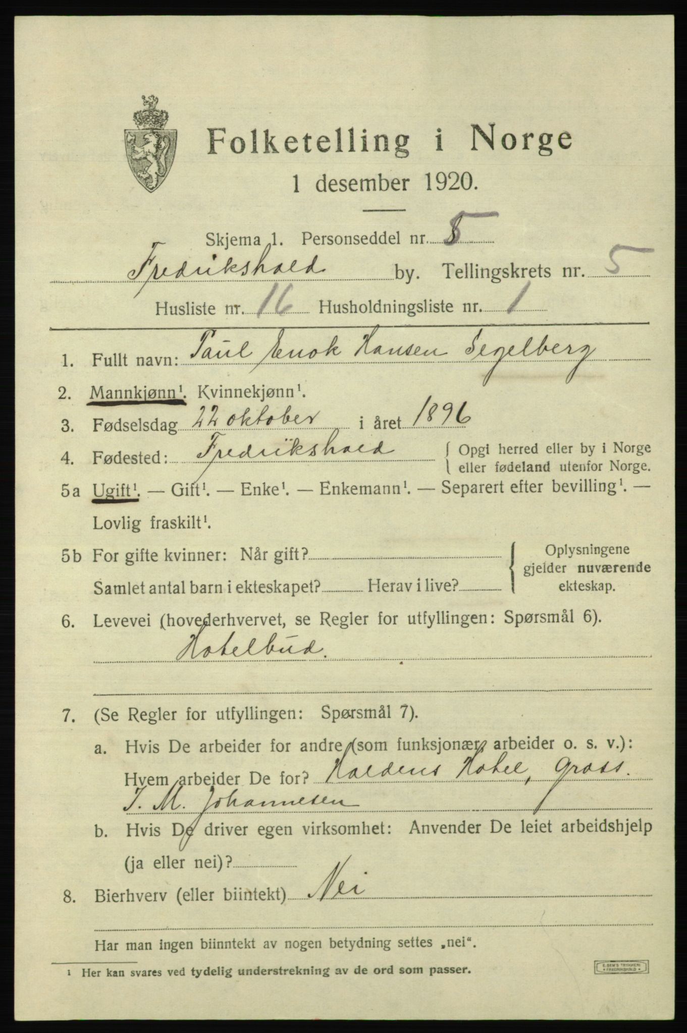 SAO, 1920 census for Fredrikshald, 1920, p. 12329
