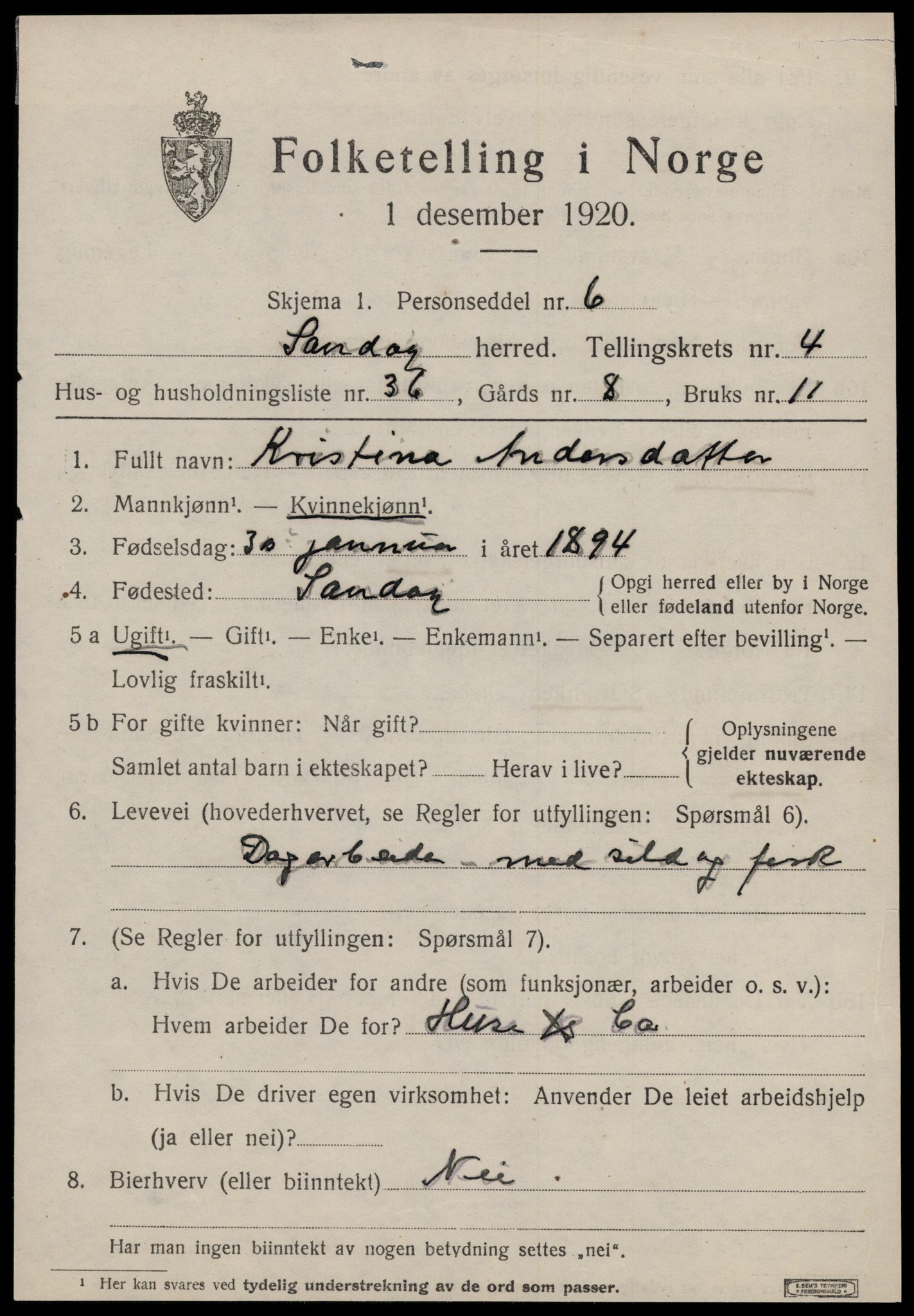 SAT, 1920 census for Sandøy, 1920, p. 1704