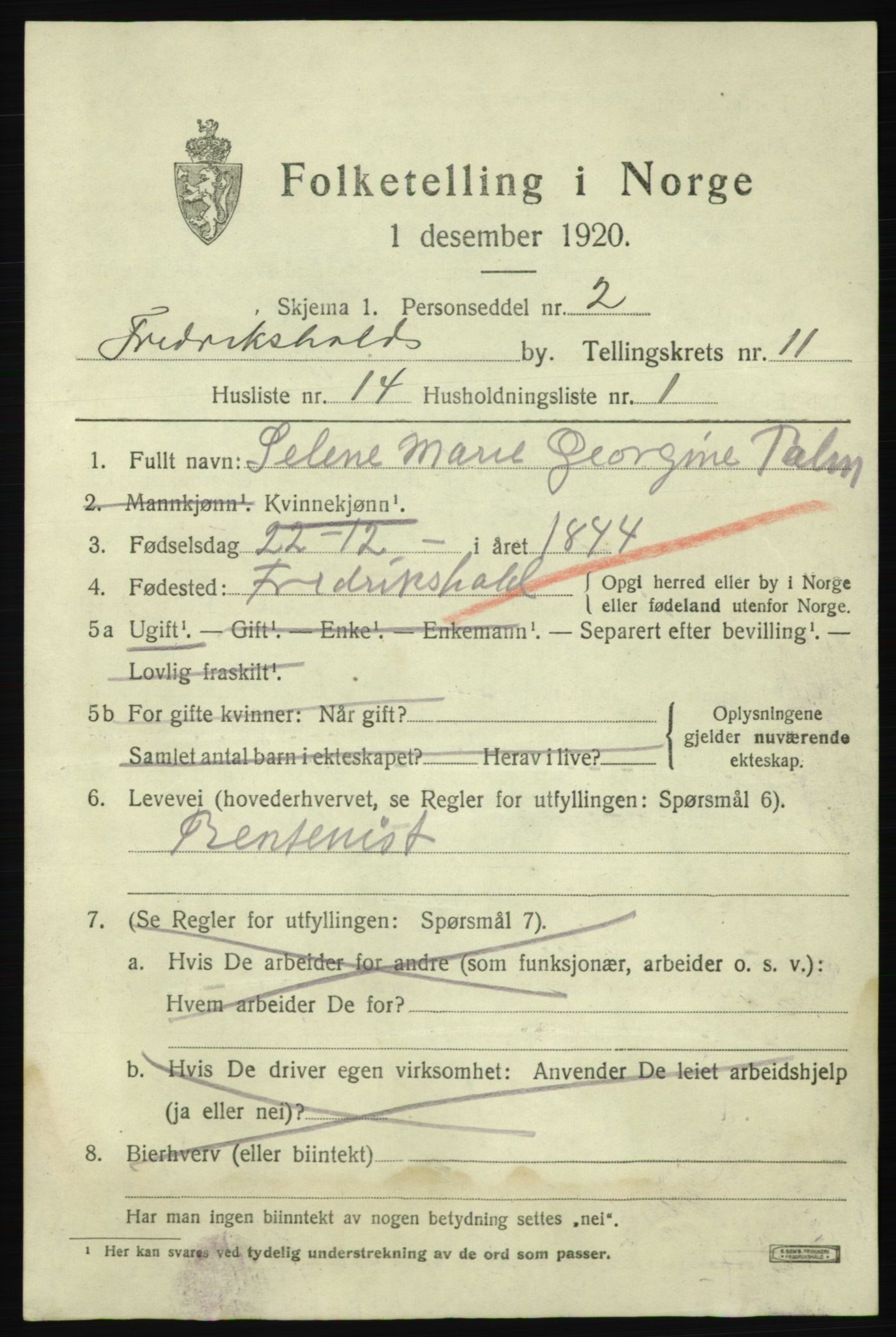 SAO, 1920 census for Fredrikshald, 1920, p. 19067