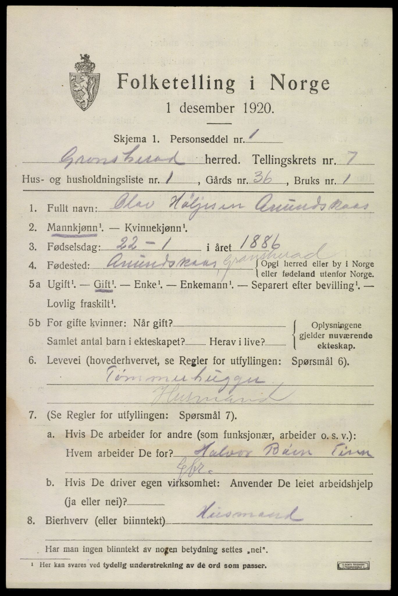 SAKO, 1920 census for Gransherad, 1920, p. 2724