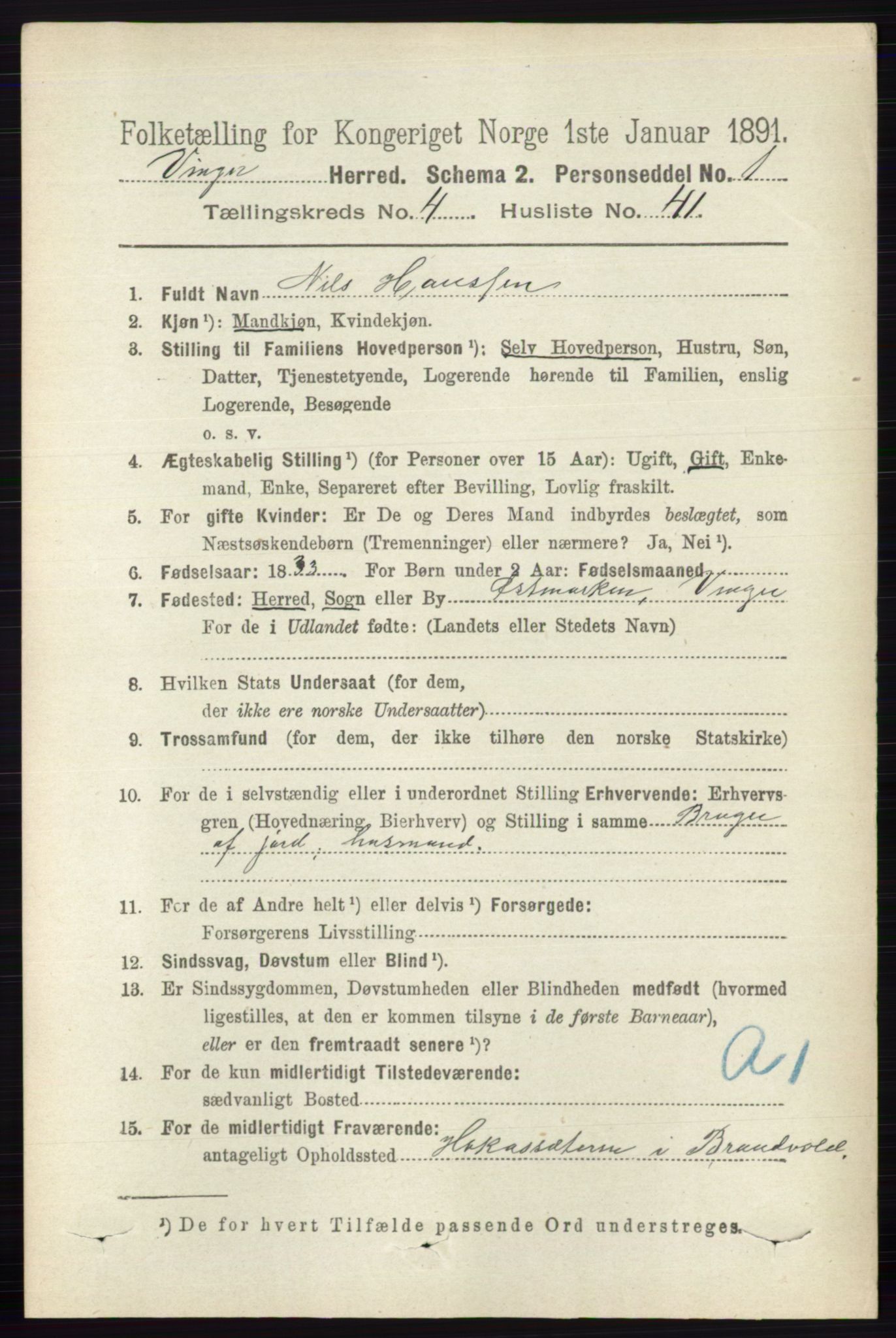 RA, 1891 census for 0421 Vinger, 1891, p. 1854