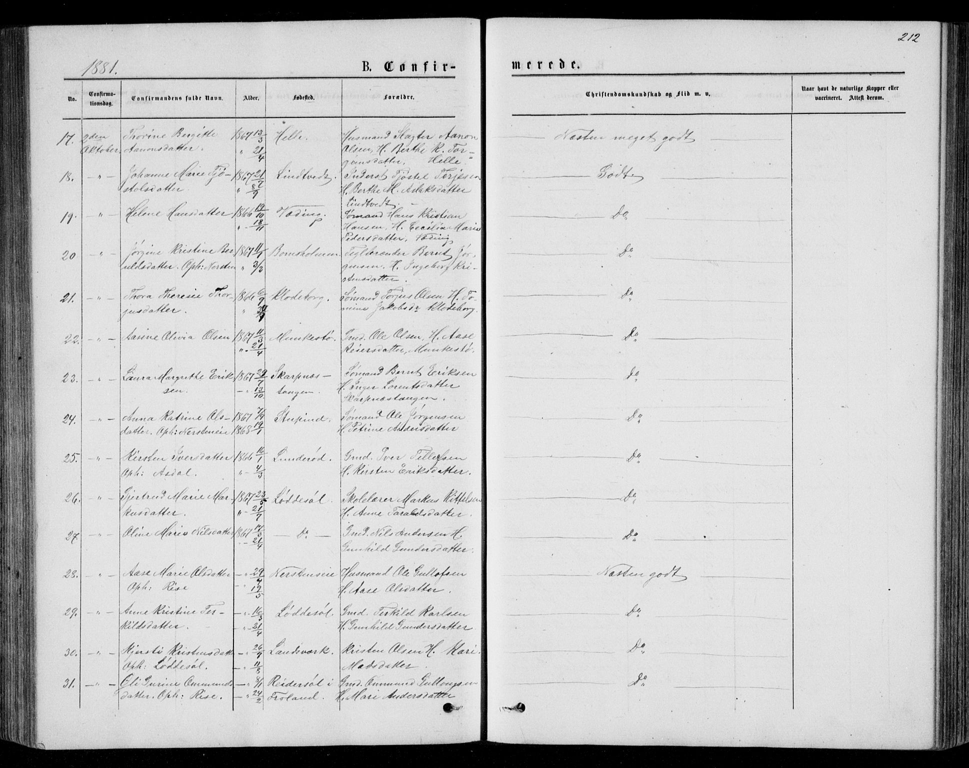 Øyestad sokneprestkontor, SAK/1111-0049/F/Fb/L0008: Parish register (copy) no. B 8, 1872-1886, p. 212