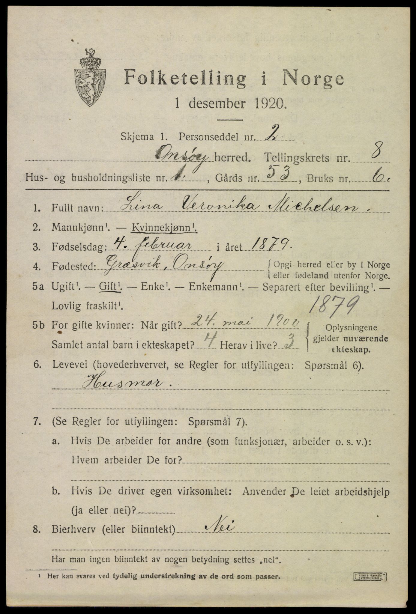 SAO, 1920 census for Onsøy, 1920, p. 11842