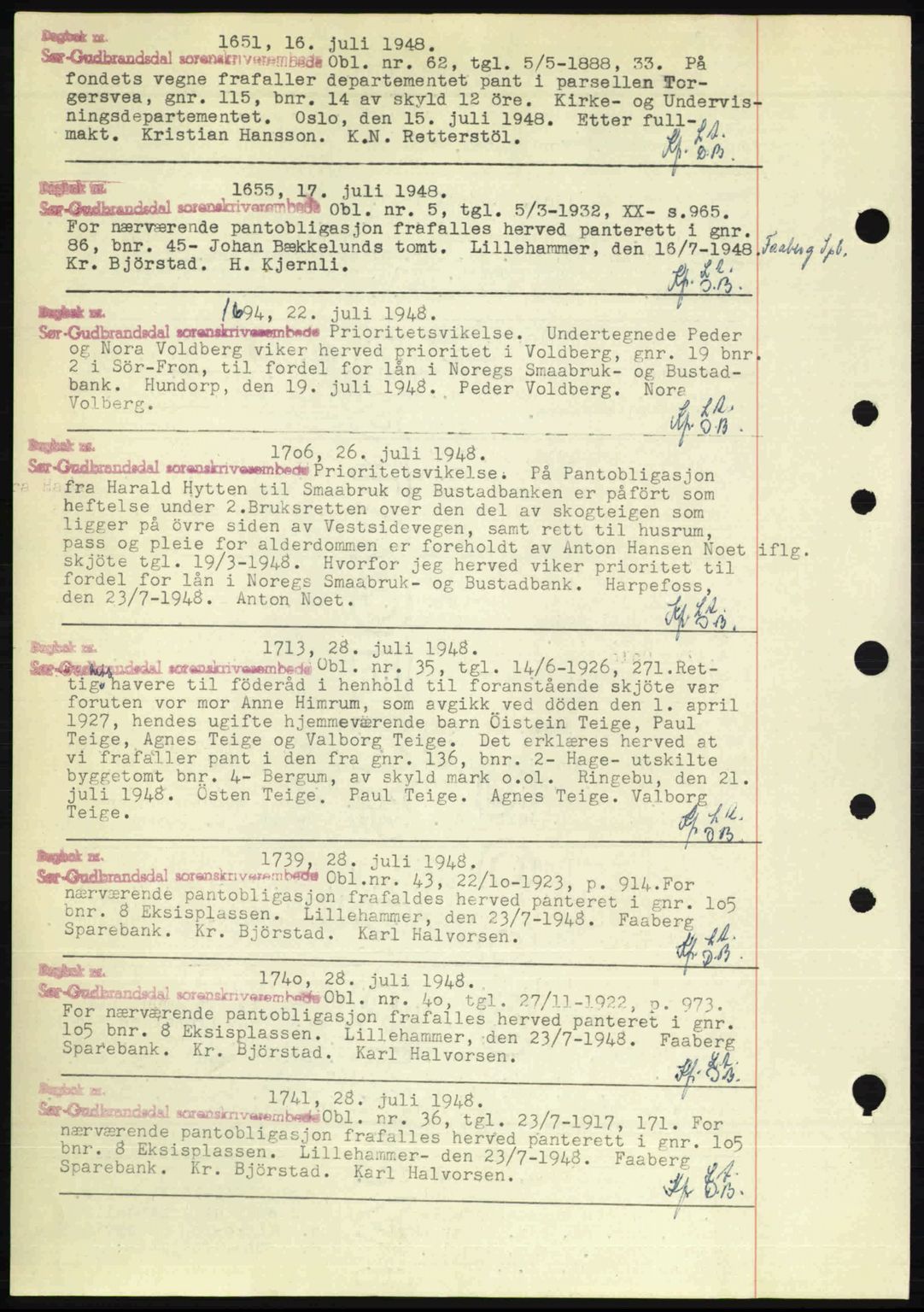 Sør-Gudbrandsdal tingrett, SAH/TING-004/H/Hb/Hbf/L0004: Mortgage book no. C5b, 1945-1951, Diary no: : 1651/1948