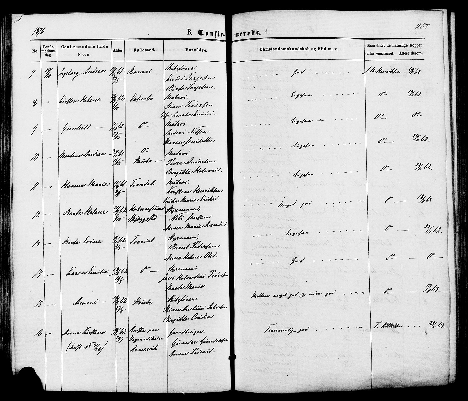 Dypvåg sokneprestkontor, AV/SAK-1111-0007/F/Fa/Faa/L0007: Parish register (official) no. A 7/ 1, 1872-1884, p. 267