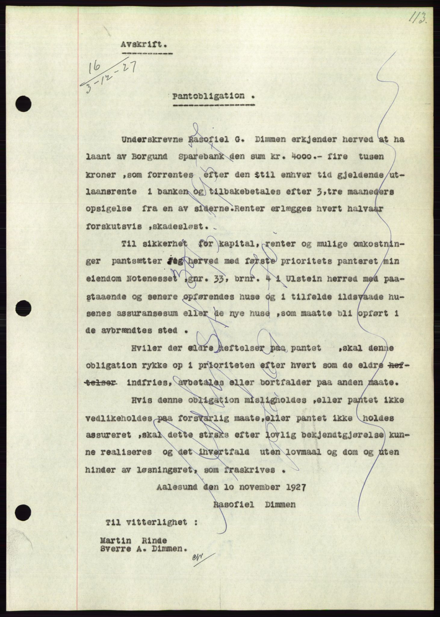 Søre Sunnmøre sorenskriveri, AV/SAT-A-4122/1/2/2C/L0047: Mortgage book no. 41, 1927-1928, Deed date: 03.12.1927