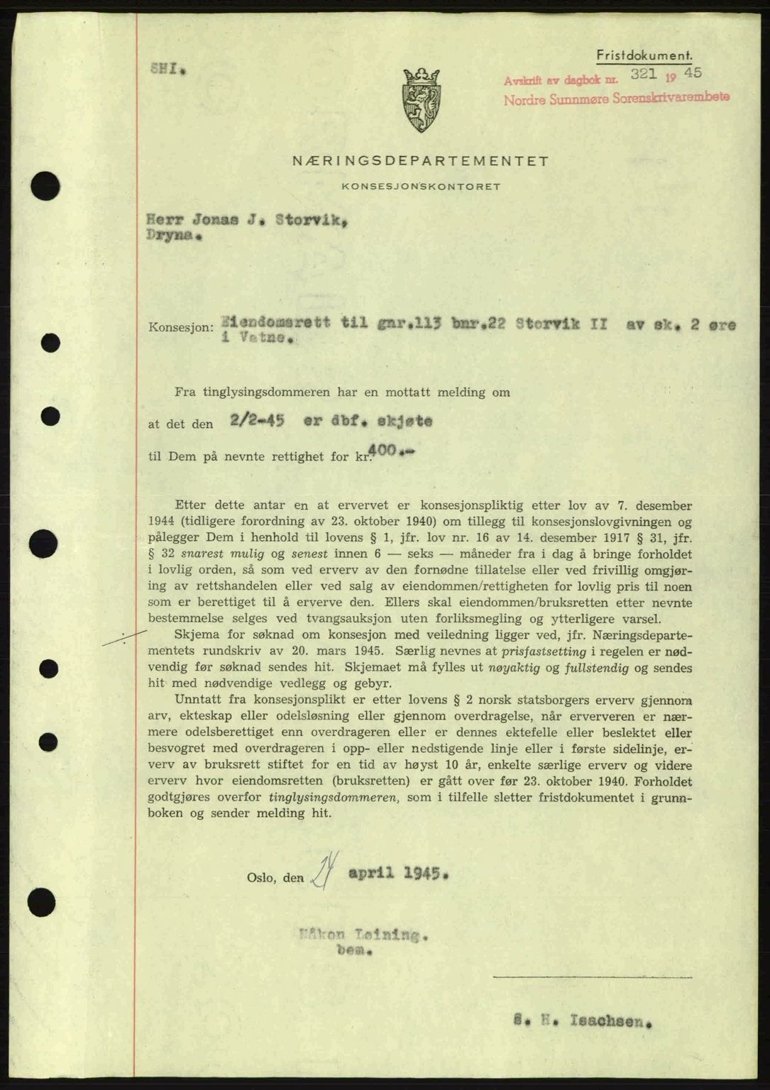 Nordre Sunnmøre sorenskriveri, SAT/A-0006/1/2/2C/2Ca: Mortgage book no. B6-14 a, 1942-1945, Diary no: : 321/1945