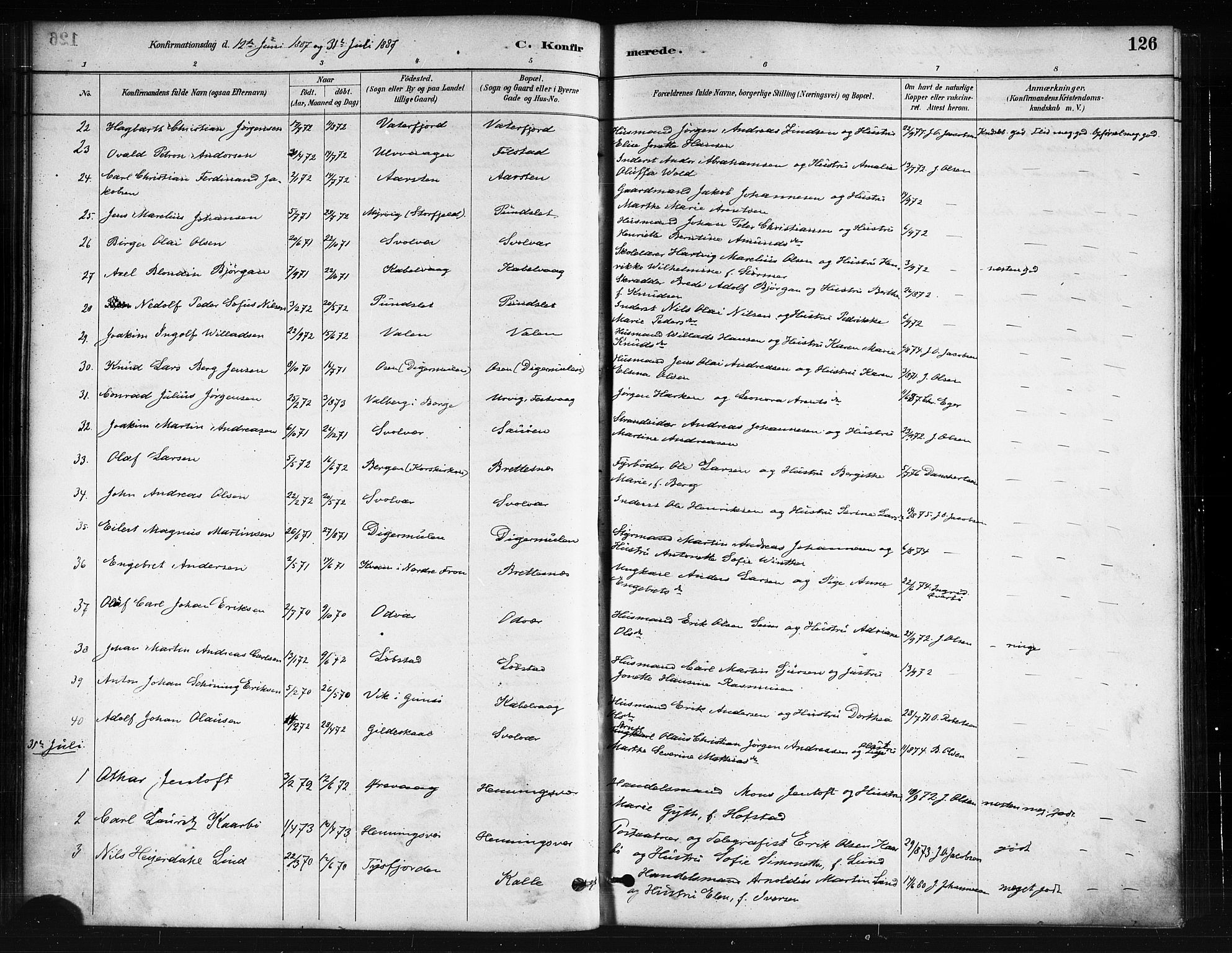 Ministerialprotokoller, klokkerbøker og fødselsregistre - Nordland, AV/SAT-A-1459/874/L1059: Parish register (official) no. 874A03, 1884-1890, p. 126