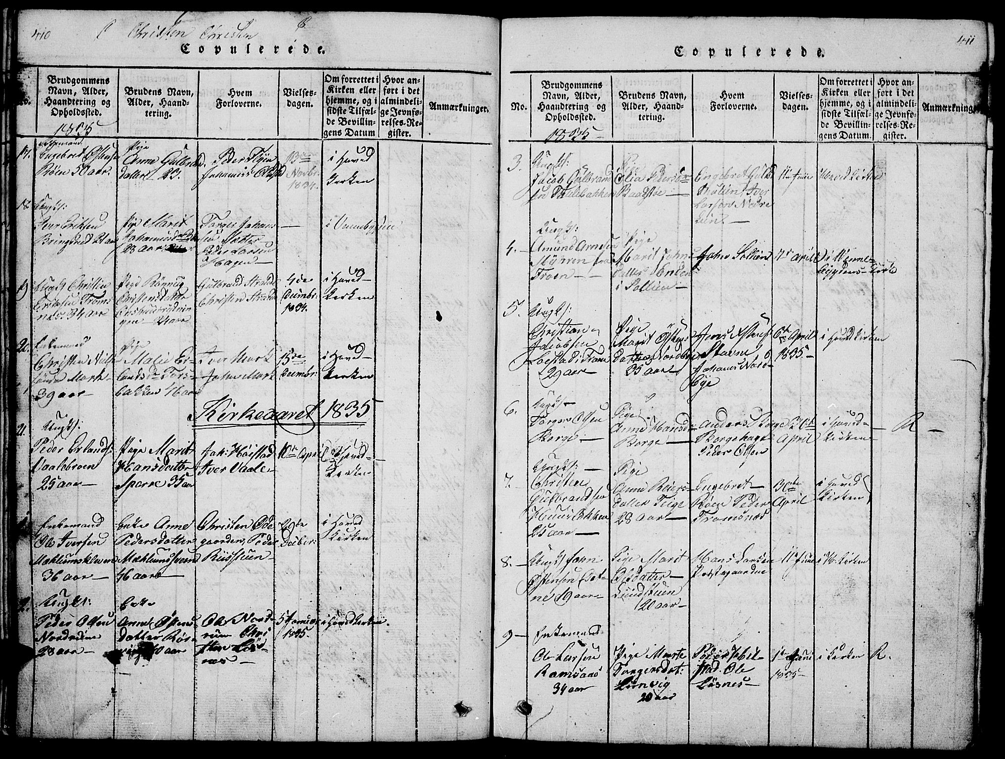 Ringebu prestekontor, SAH/PREST-082/H/Ha/Hab/L0001: Parish register (copy) no. 1, 1821-1839, p. 410-411