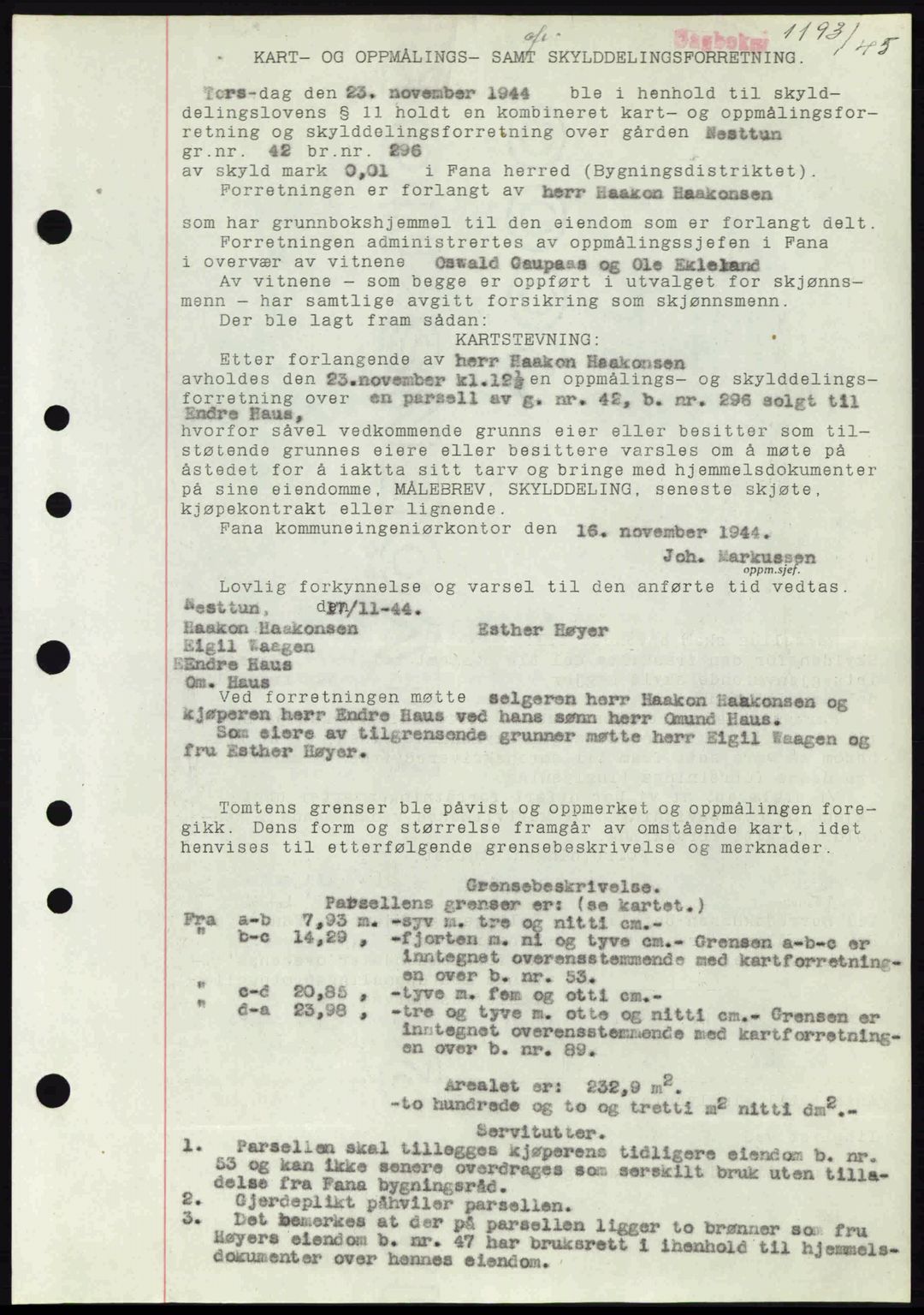 Midhordland sorenskriveri, SAB/A-3001/1/G/Gb/Gbj/L0019: Mortgage book no. A37-38, 1944-1945, Diary no: : 1193/1945
