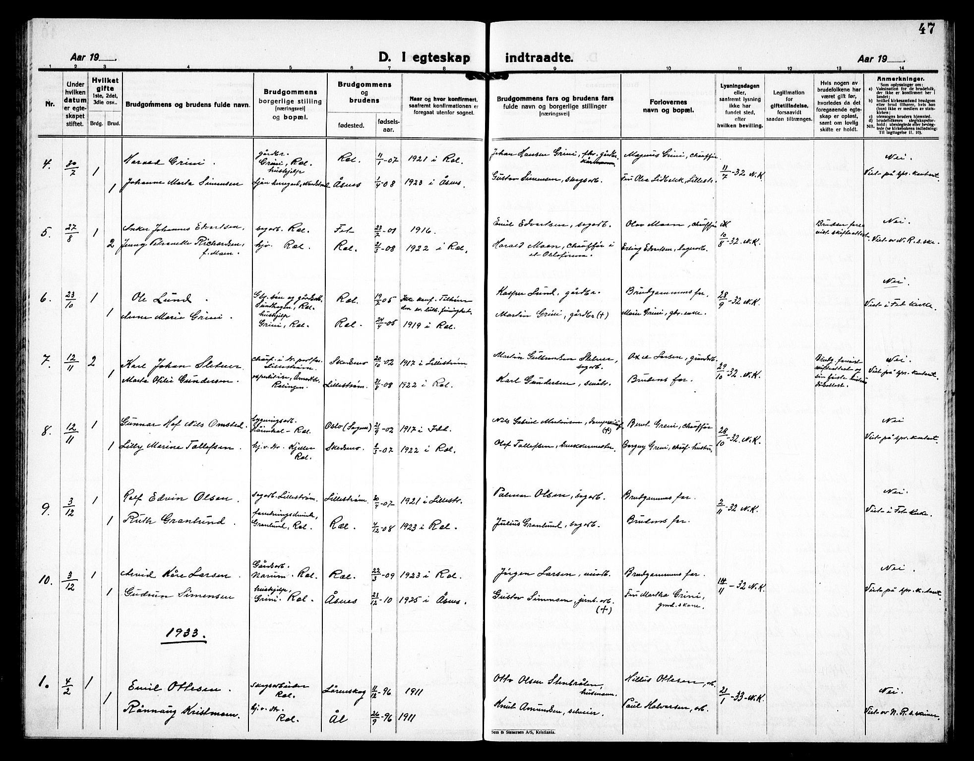 Fet prestekontor Kirkebøker, AV/SAO-A-10370a/G/Gb/L0007: Parish register (copy) no. II 7, 1926-1938, p. 47