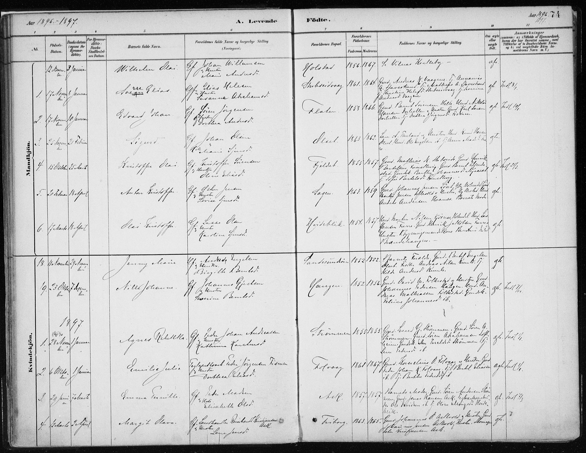 Askvoll sokneprestembete, SAB/A-79501/H/Haa/Haab/L0002: Parish register (official) no. B 2, 1879-1909, p. 74