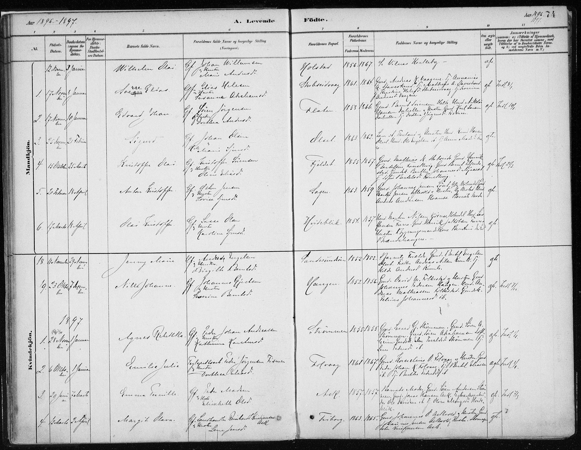 Askvoll sokneprestembete, AV/SAB-A-79501/H/Haa/Haab/L0002: Parish register (official) no. B 2, 1879-1909, p. 74