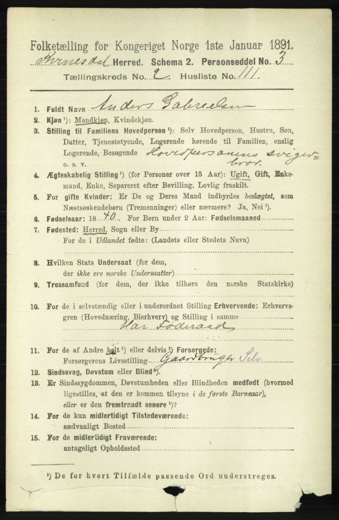 RA, 1891 census for 1037 Kvinesdal, 1891, p. 953