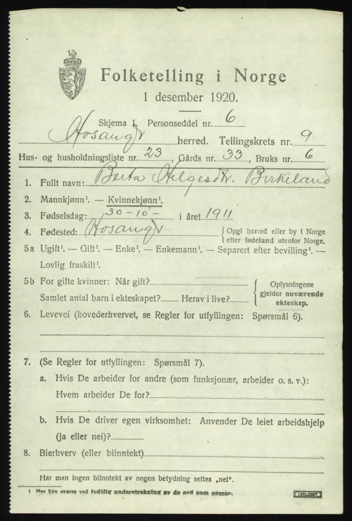 SAB, 1920 census for Hosanger, 1920, p. 4175