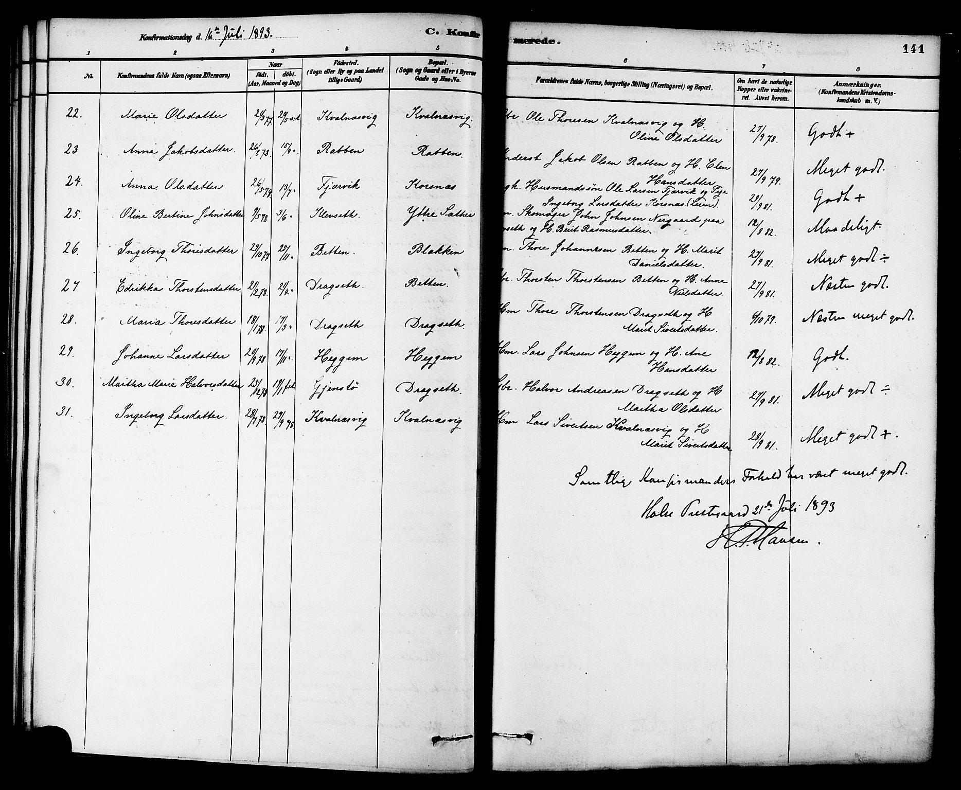 Ministerialprotokoller, klokkerbøker og fødselsregistre - Møre og Romsdal, SAT/A-1454/576/L0885: Parish register (official) no. 576A03, 1880-1898, p. 141