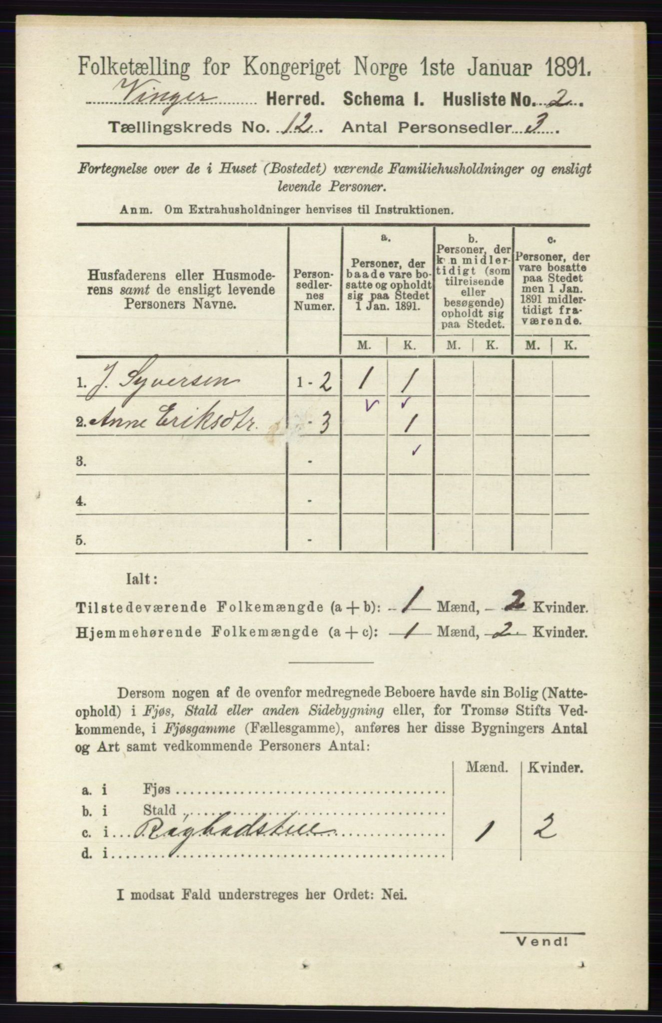 RA, 1891 census for 0421 Vinger, 1891, p. 5732