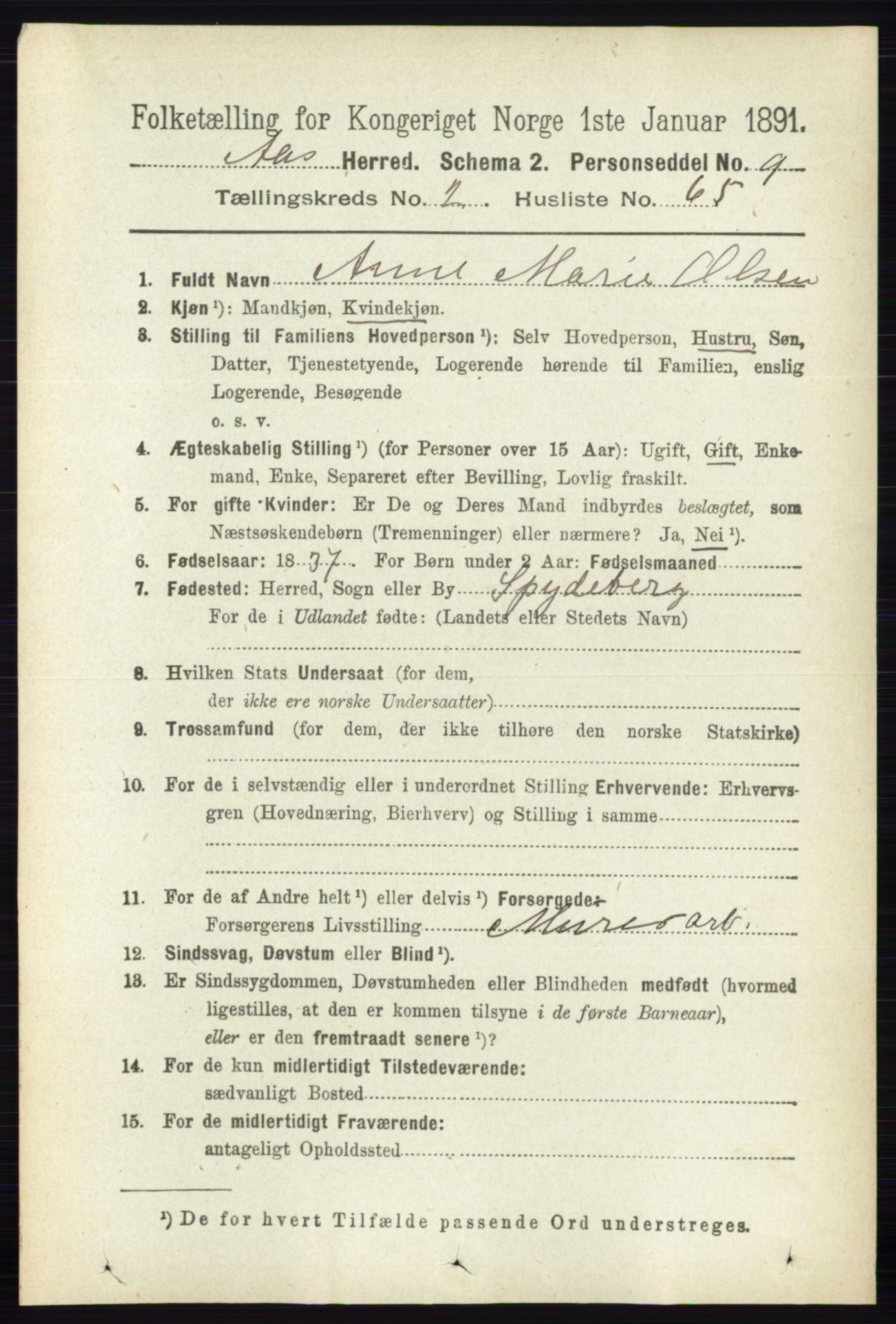 RA, 1891 census for 0214 Ås, 1891, p. 1997