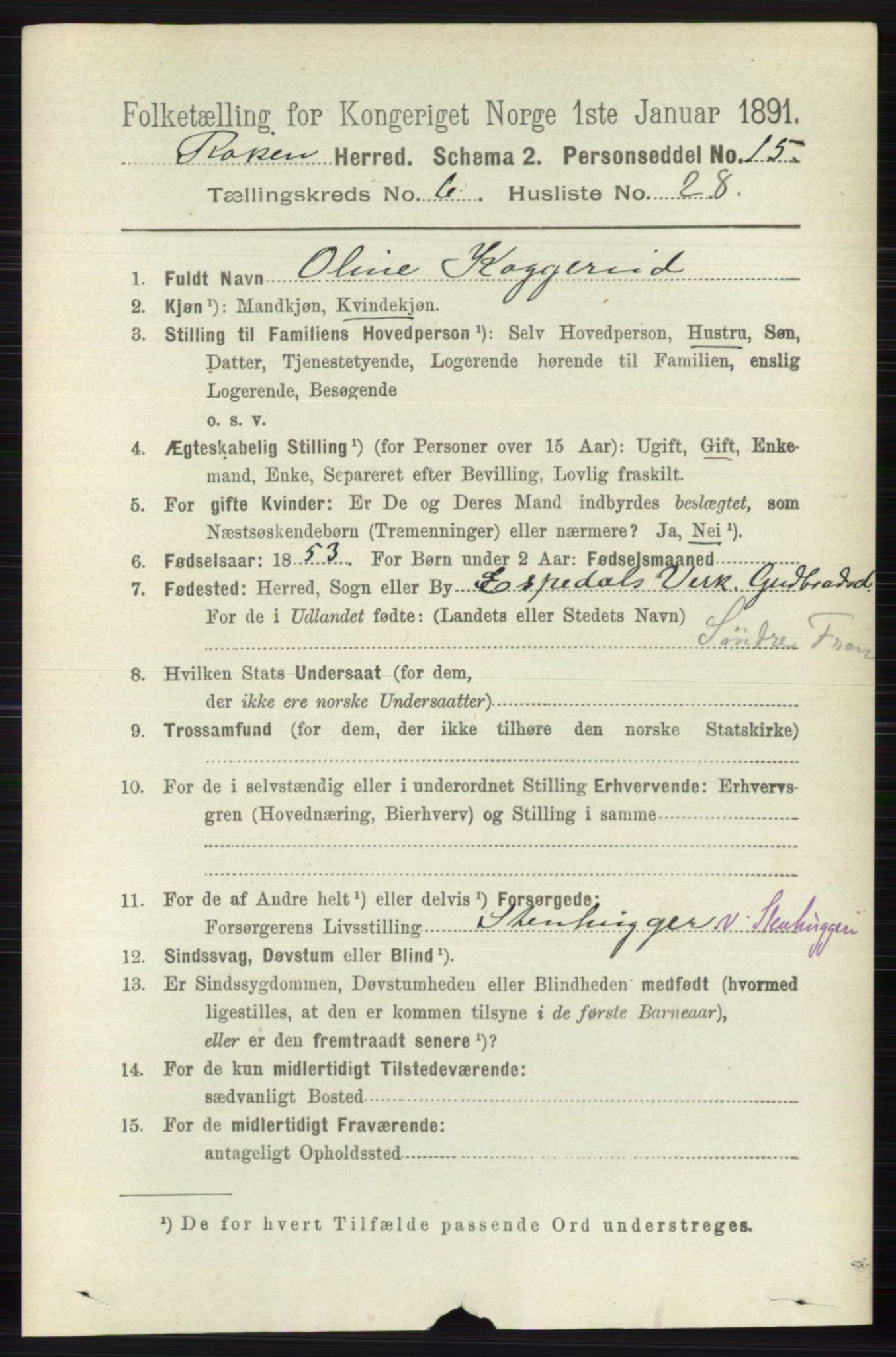RA, 1891 census for 0627 Røyken, 1891, p. 3791