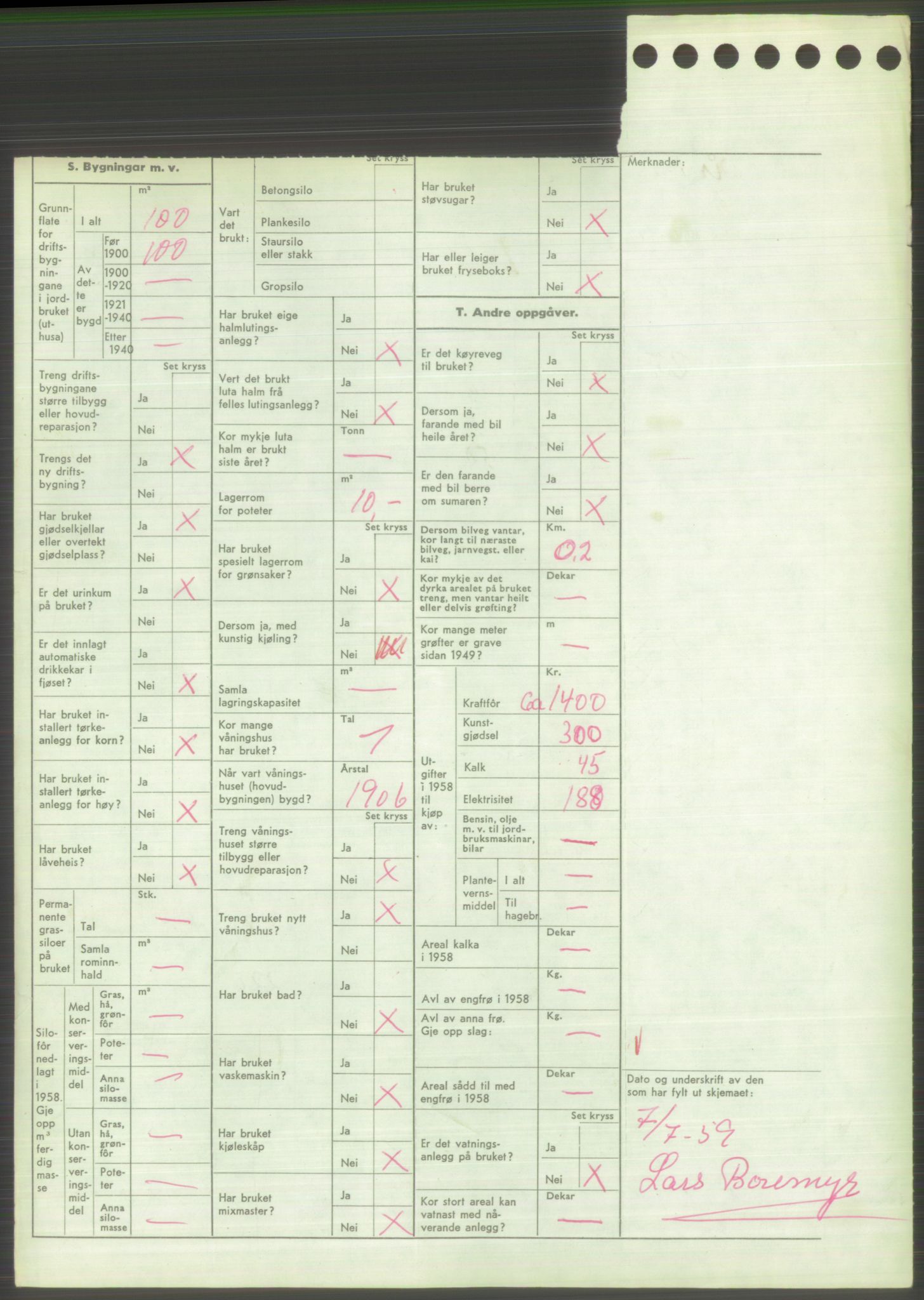 Statistisk sentralbyrå, Næringsøkonomiske emner, Jordbruk, skogbruk, jakt, fiske og fangst, AV/RA-S-2234/G/Gd/L0373: Rogaland: 1130 Strand (kl. 1-2), 1131 Årdal og 1132 Fister, 1959, p. 1100