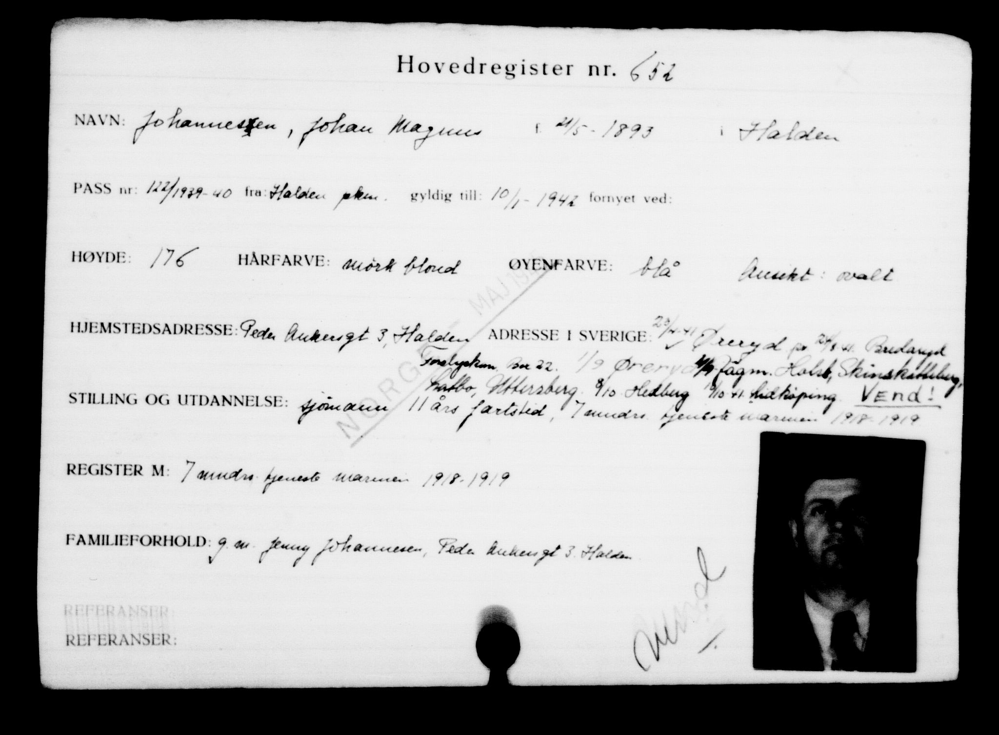 Utenriksstasjonene, Legasjonen i Stockholm, Flyktningkontoret, AV/RA-S-6753/V/Va/L0001: Kjesäterkartoteket, flyktninger med registreringsnr. 1-1000, 1940-1945, p. 1017