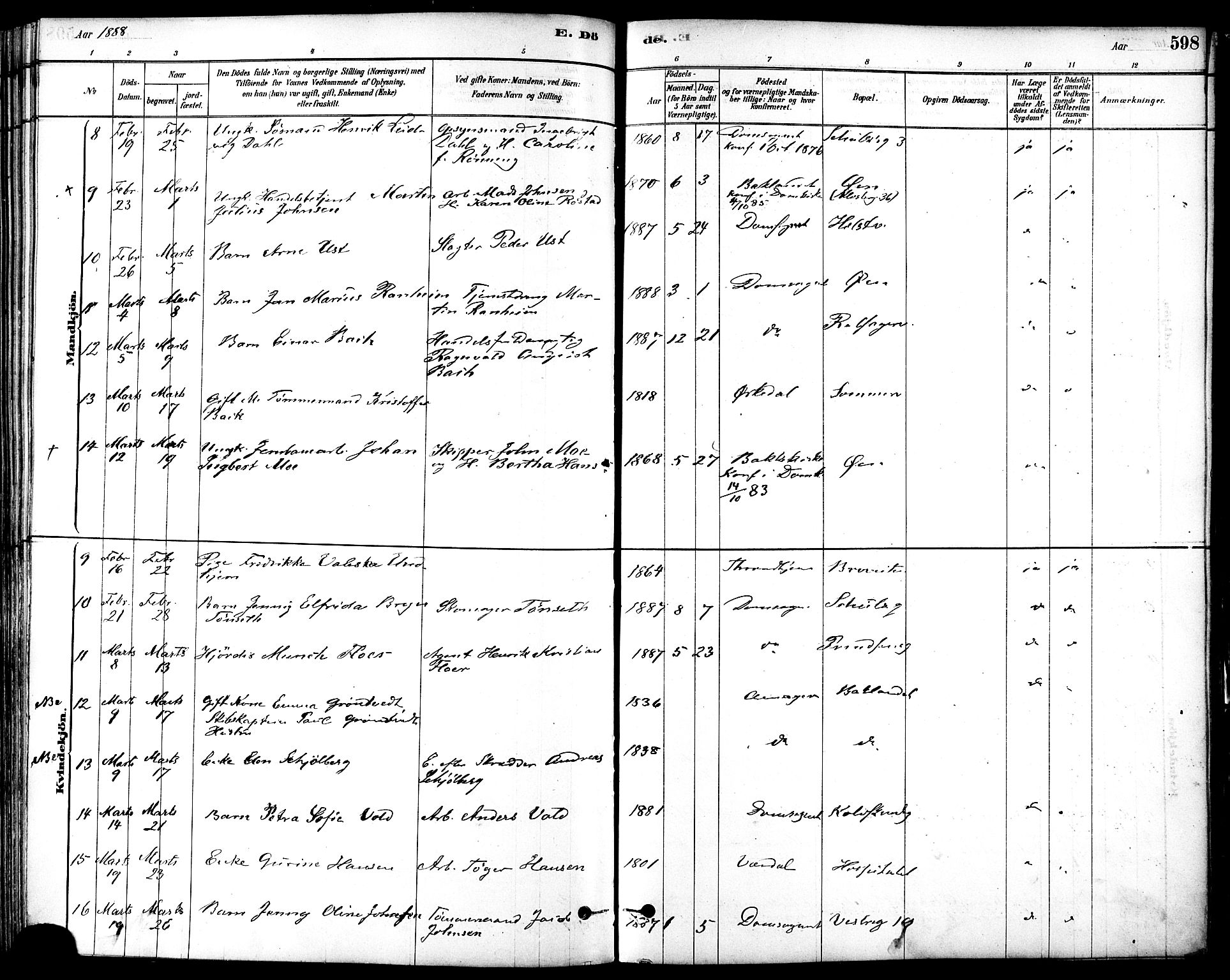 Ministerialprotokoller, klokkerbøker og fødselsregistre - Sør-Trøndelag, AV/SAT-A-1456/601/L0058: Parish register (official) no. 601A26, 1877-1891, p. 598