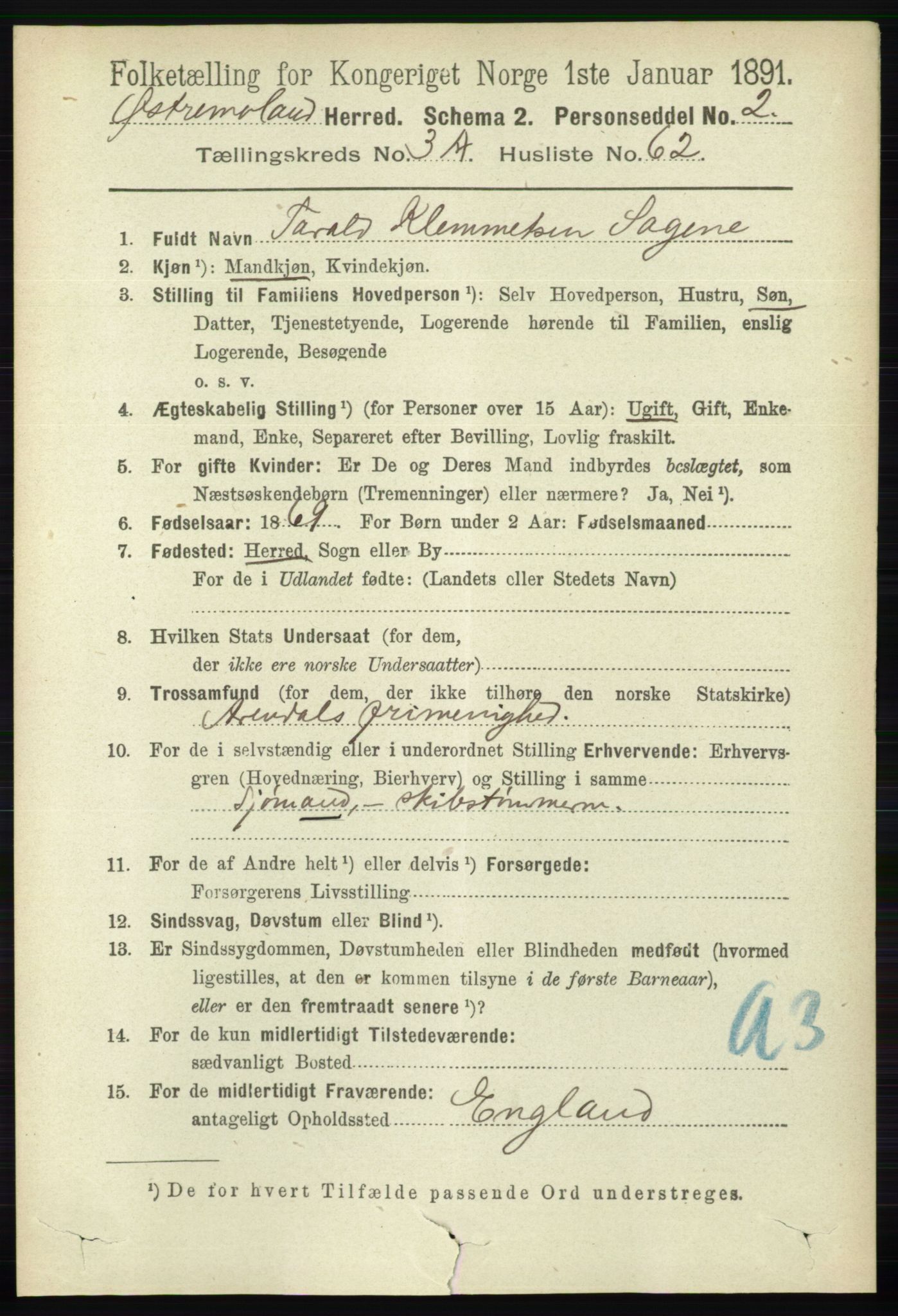 RA, 1891 census for 0918 Austre Moland, 1891, p. 1707