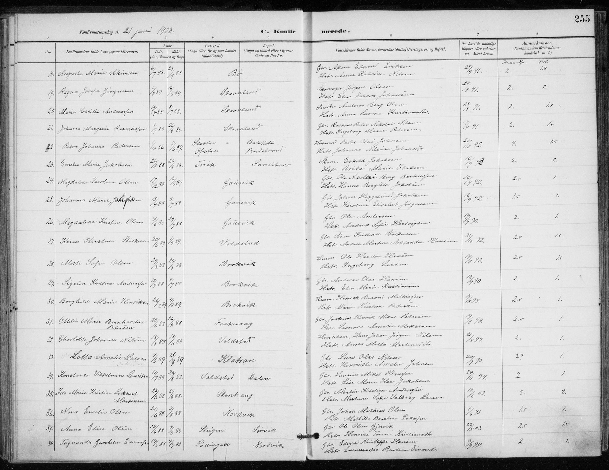 Trondenes sokneprestkontor, AV/SATØ-S-1319/H/Ha/L0017kirke: Parish register (official) no. 17, 1899-1908, p. 255