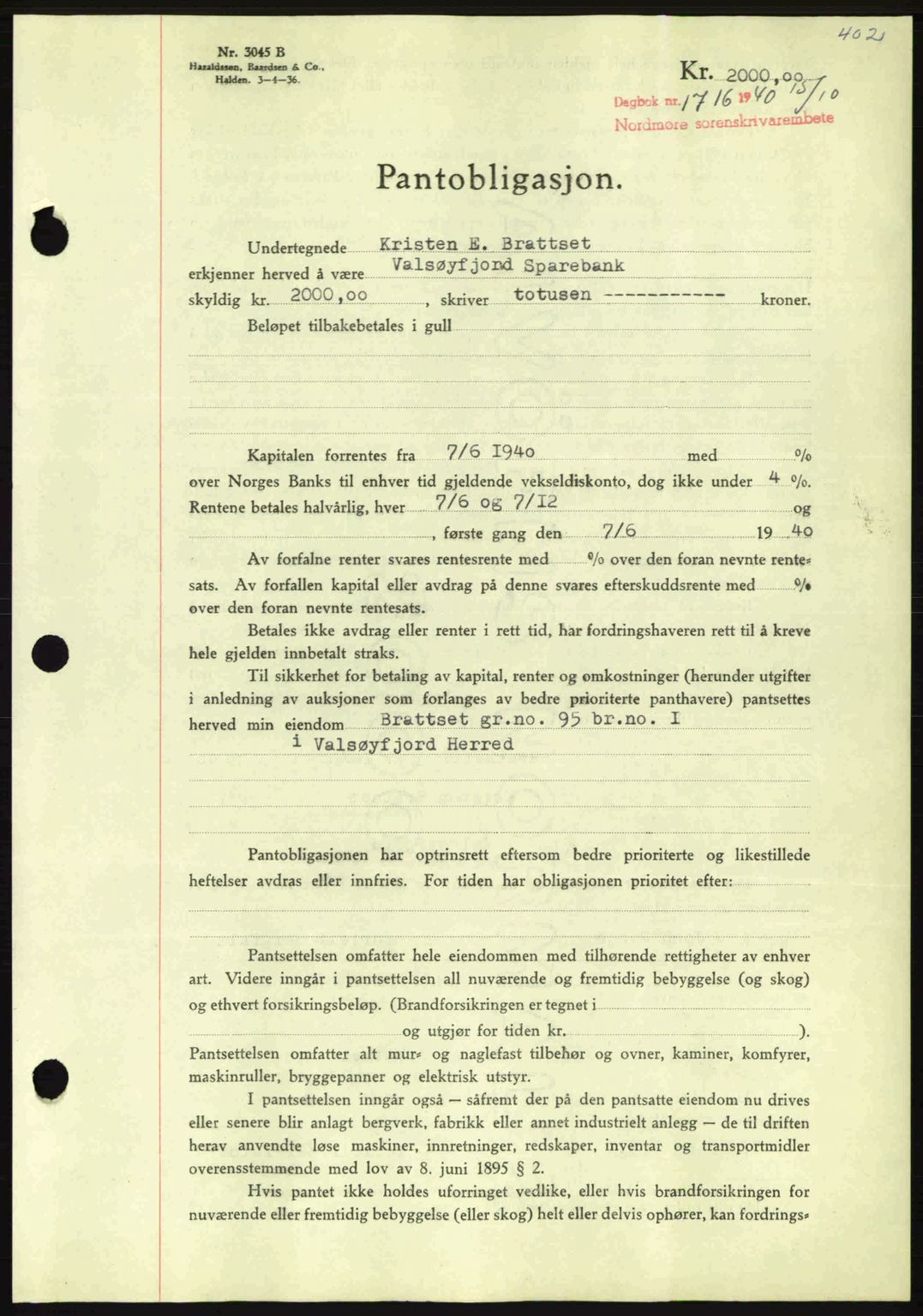 Nordmøre sorenskriveri, AV/SAT-A-4132/1/2/2Ca: Mortgage book no. B87, 1940-1941, Diary no: : 1716/1940