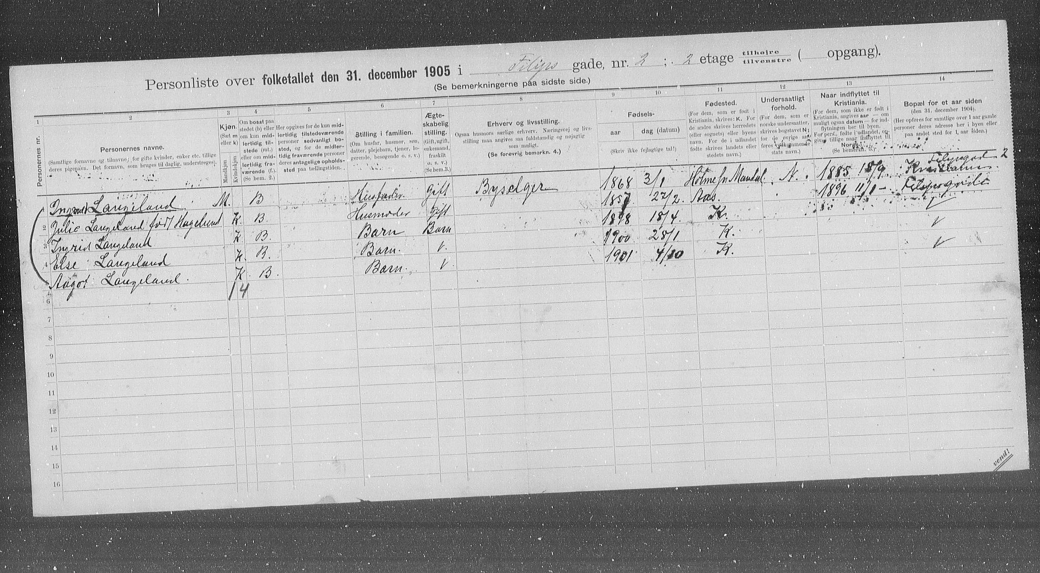 OBA, Municipal Census 1905 for Kristiania, 1905, p. 12495