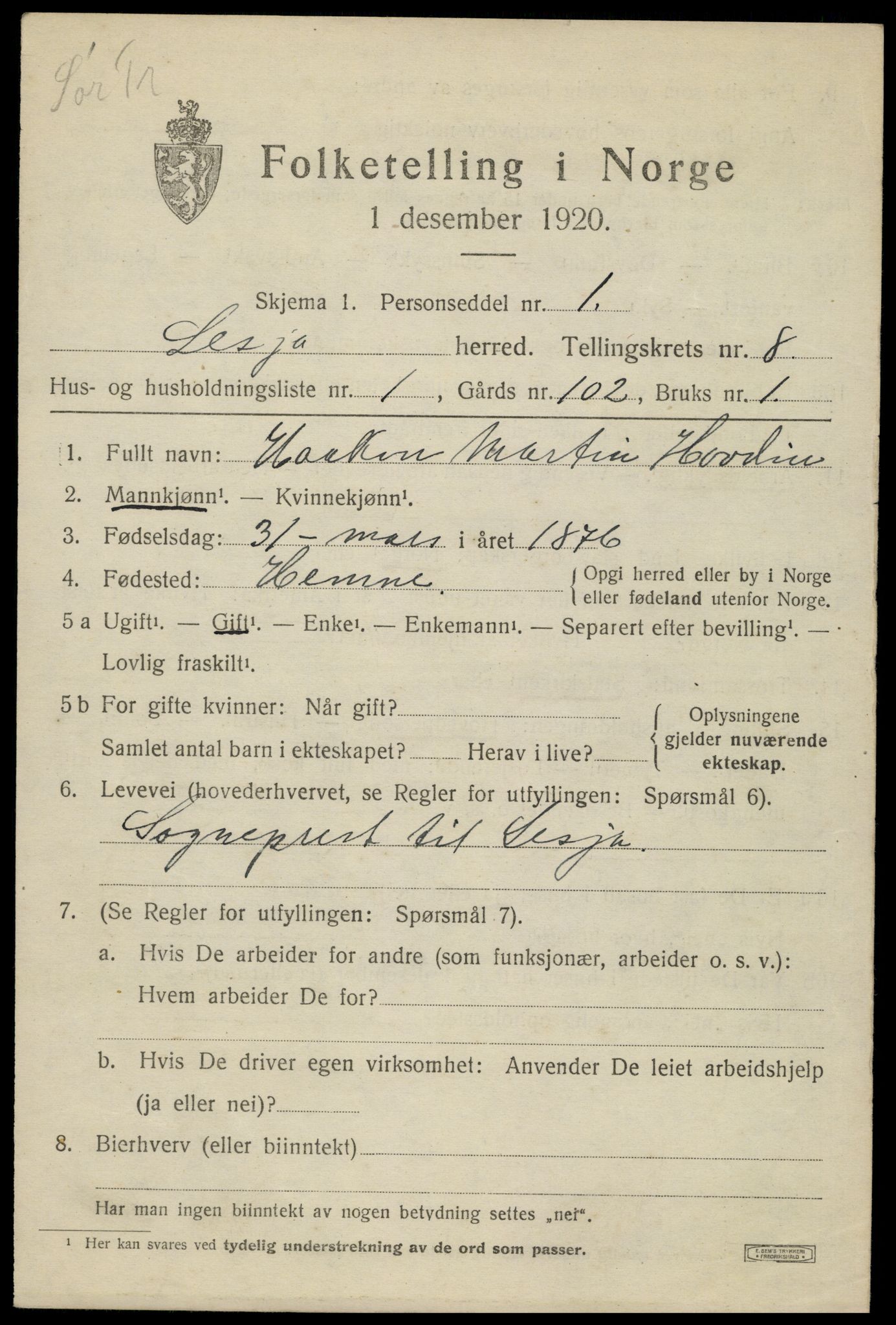 SAH, 1920 census for Lesja, 1920, p. 4706