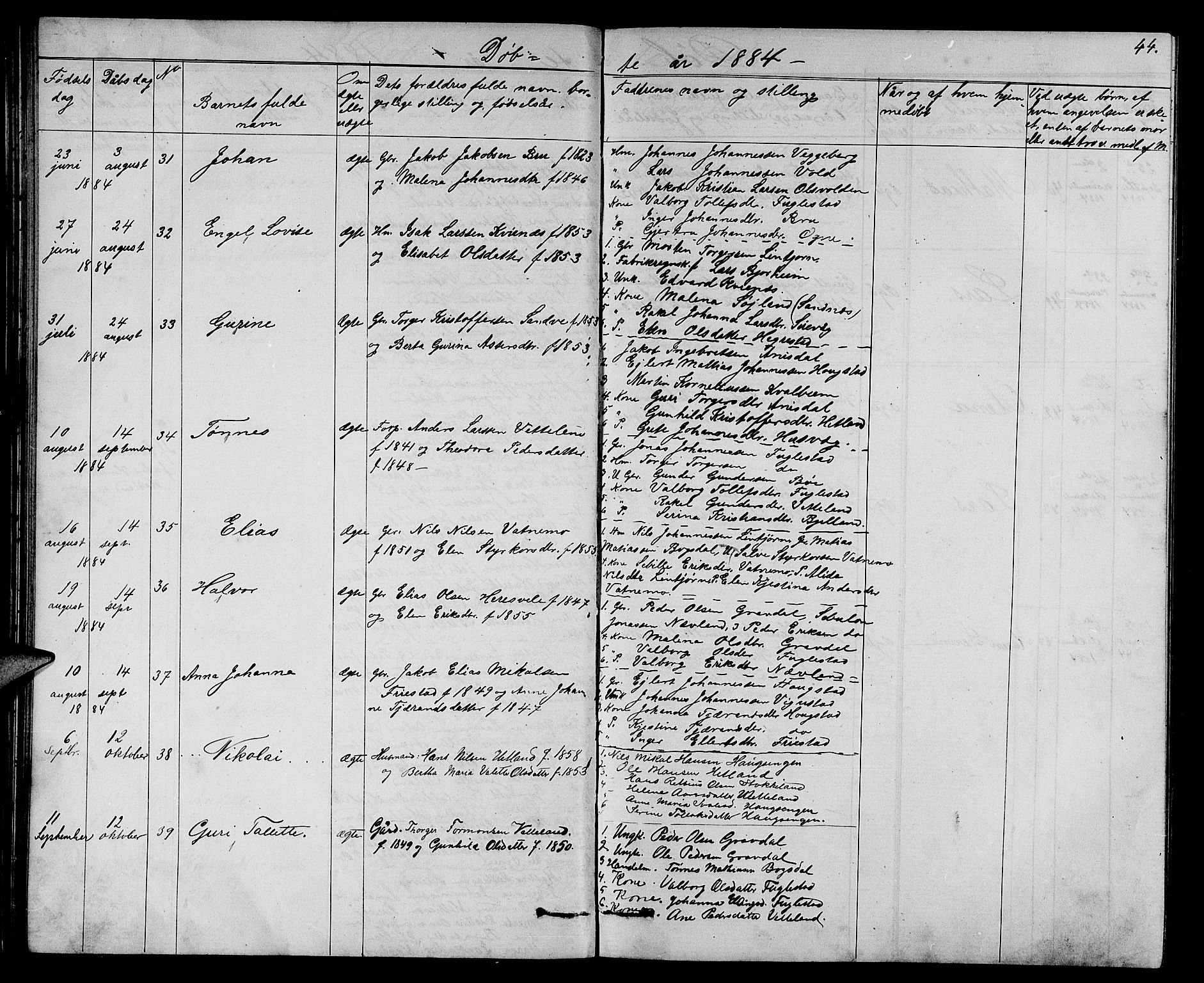 Eigersund sokneprestkontor, AV/SAST-A-101807/001/30/30BB/L0006: Parish register (copy) no. B 6, 1876-1889, p. 44
