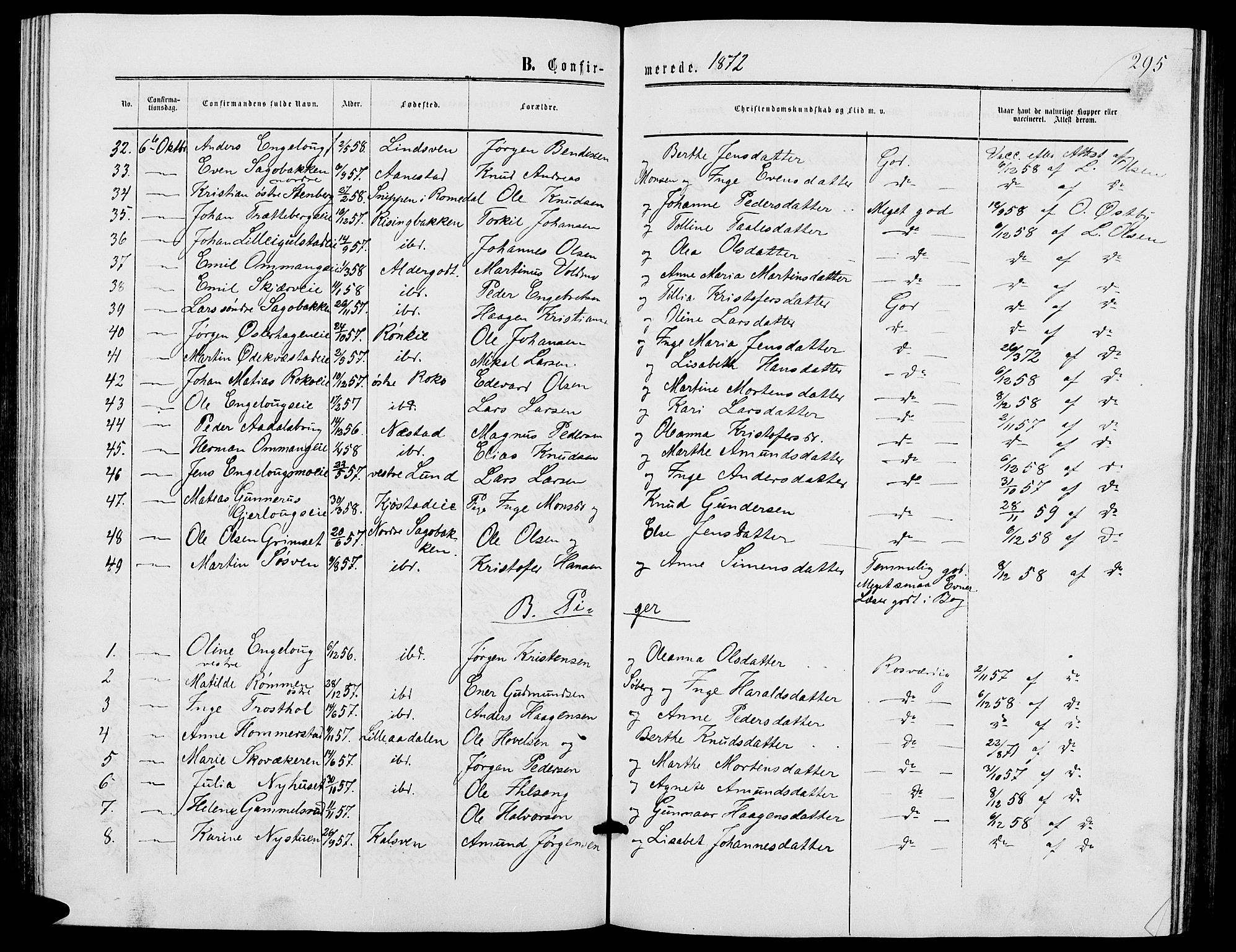 Løten prestekontor, SAH/PREST-022/L/La/L0004: Parish register (copy) no. 4, 1863-1877, p. 295