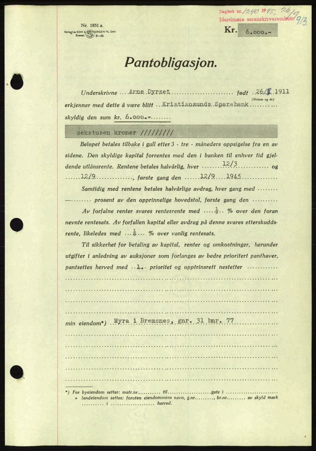 Nordmøre sorenskriveri, AV/SAT-A-4132/1/2/2Ca: Mortgage book no. B92, 1944-1945, Diary no: : 1240/1945