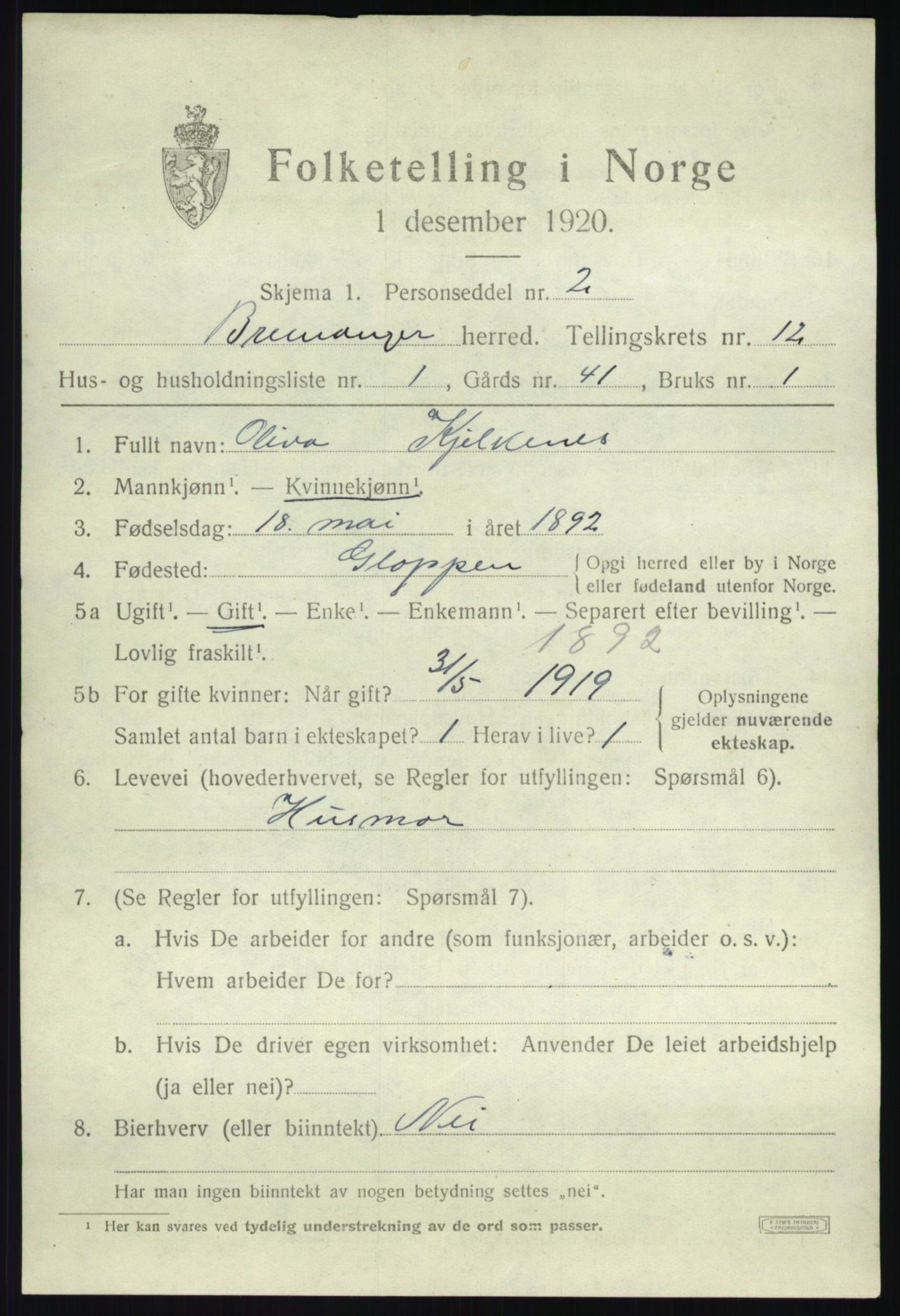 SAB, 1920 census for Bremanger, 1920, p. 6458