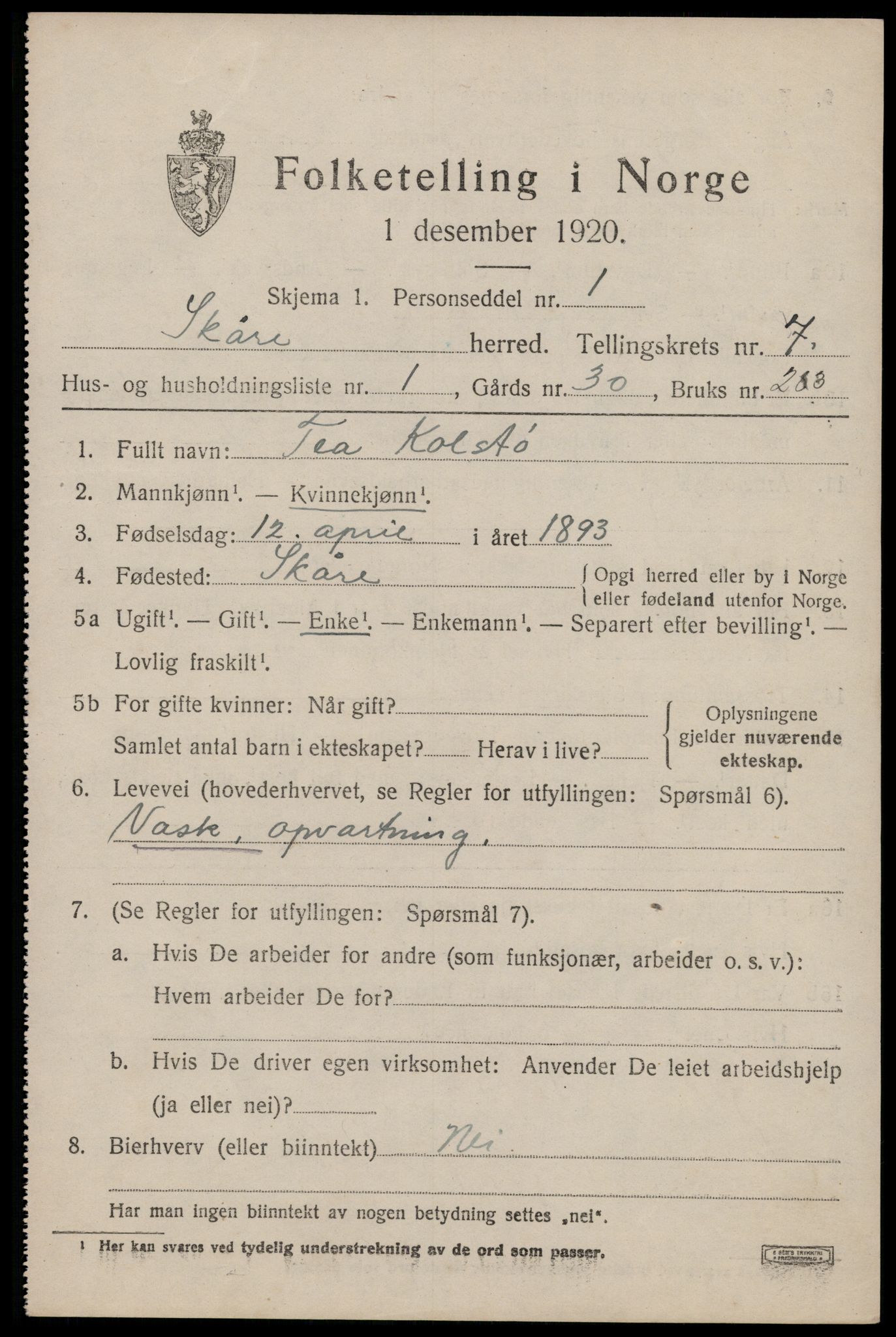 SAST, 1920 census for Skåre, 1920, p. 4714