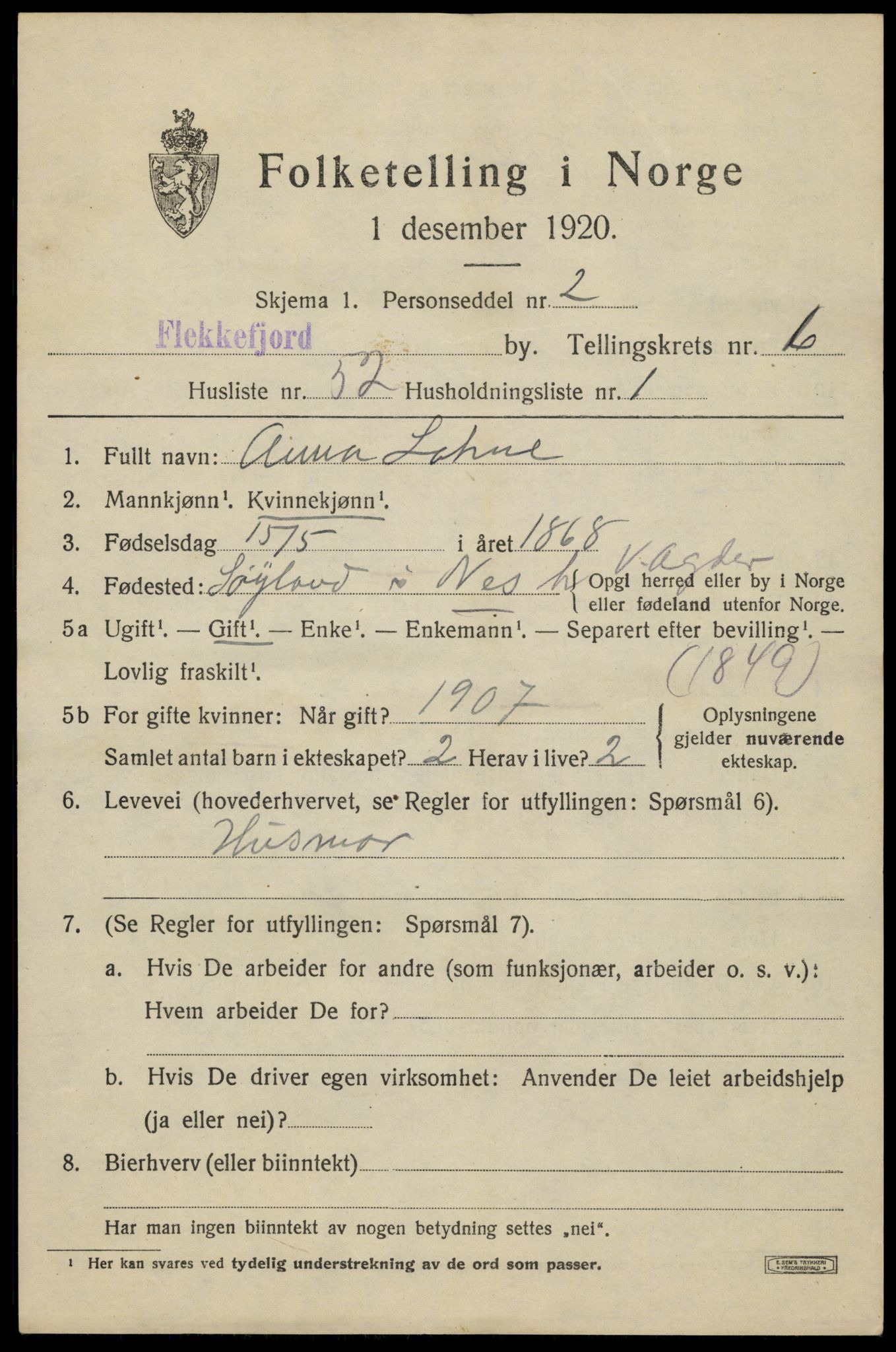 SAK, 1920 census for Flekkefjord, 1920, p. 6394