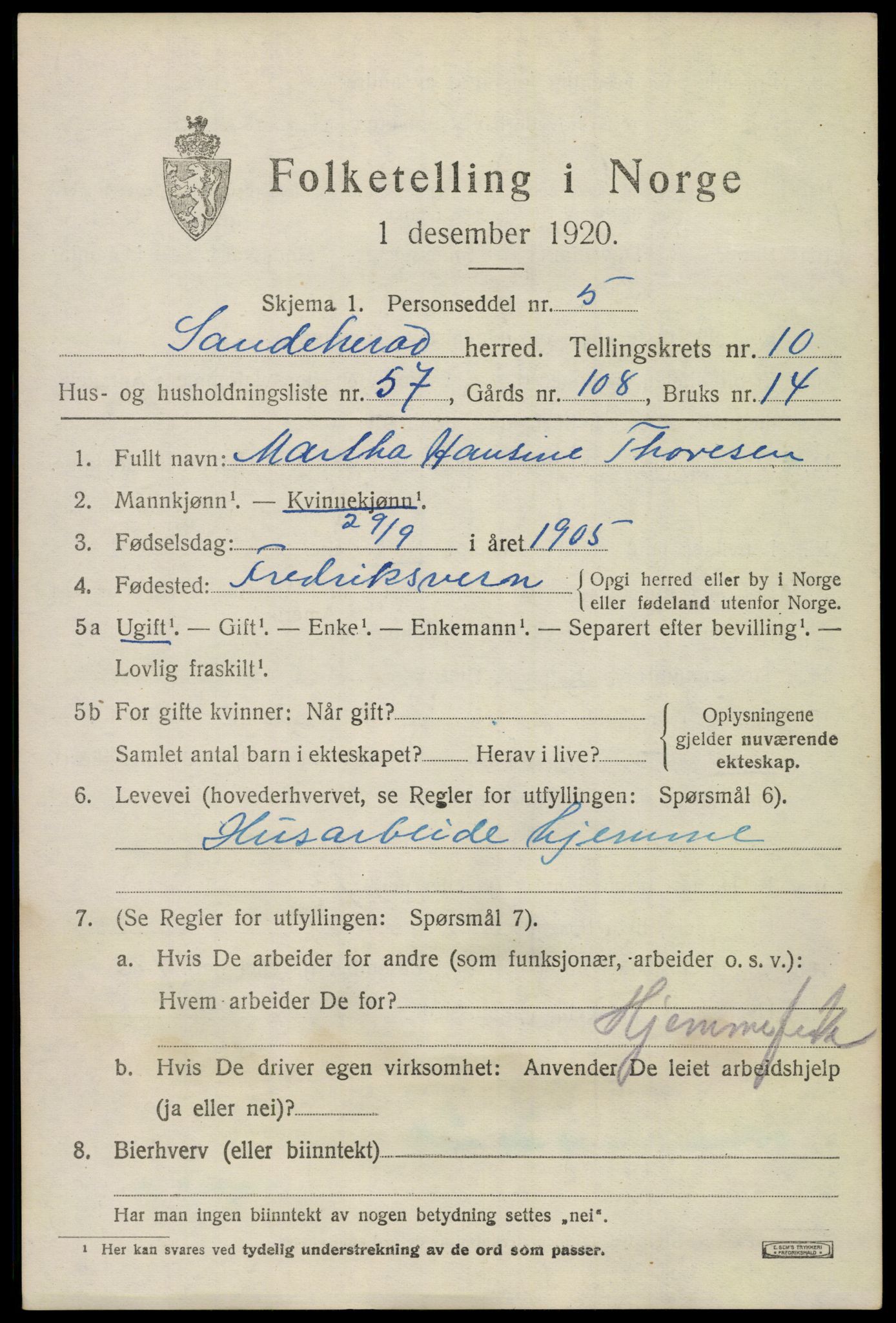 SAKO, 1920 census for Sandeherred, 1920, p. 15252