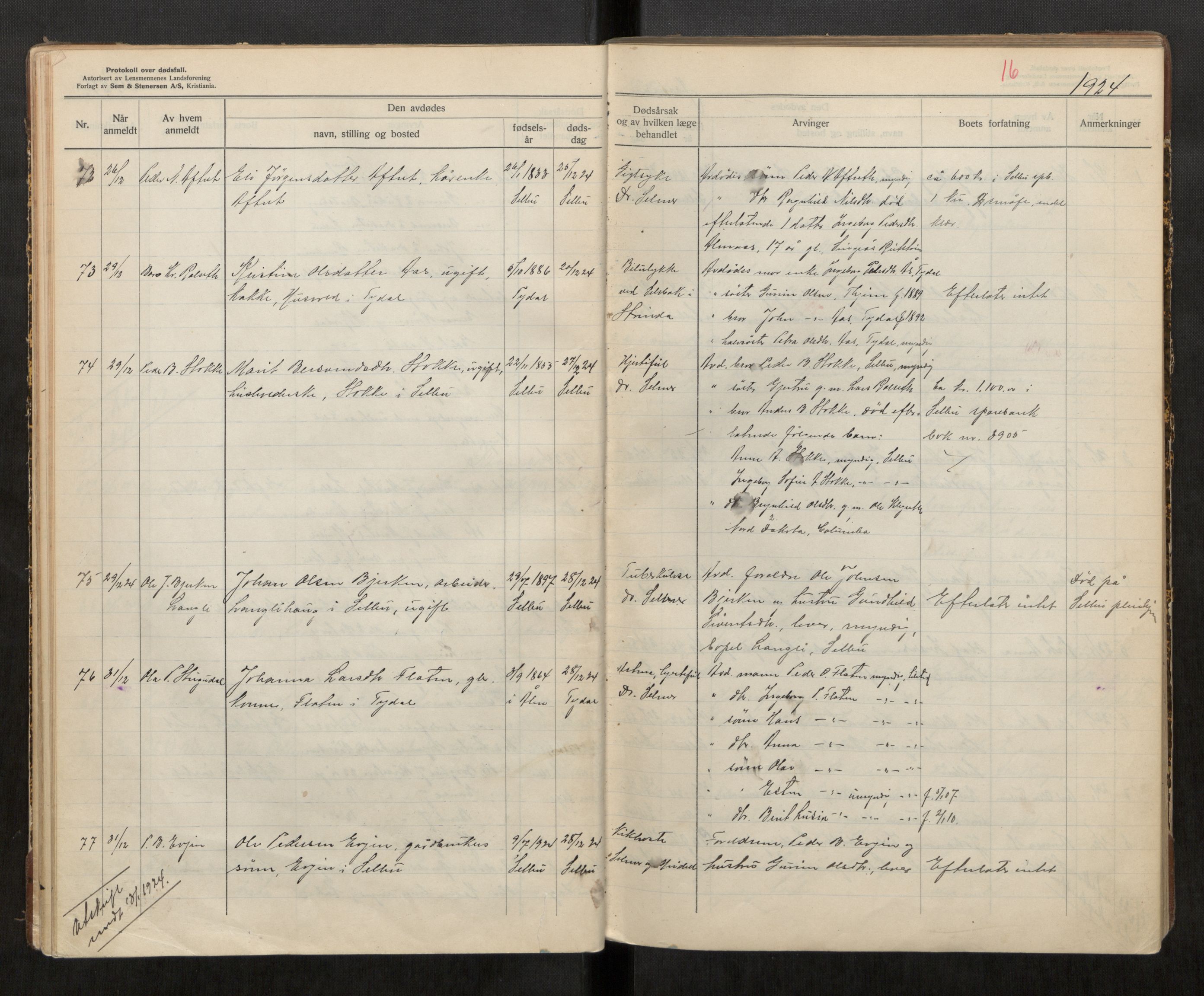 Selbu lensmannskontor, SAT/A-1081/2/G/Ga/L0002: Dødsfallsprotokoll, 1923-1930, p. 16