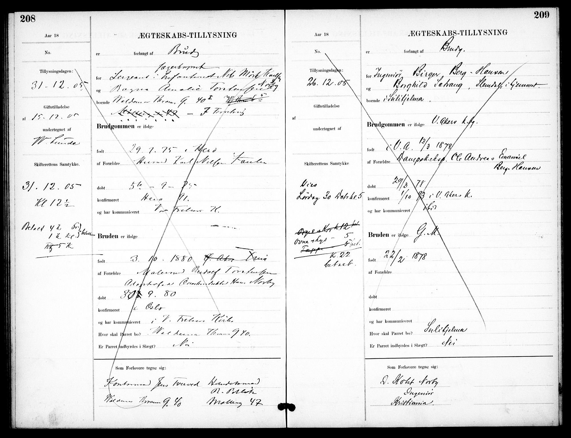 Garnisonsmenigheten Kirkebøker, AV/SAO-A-10846/H/Ha/L0008: Banns register no. I 8, 1894-1908, p. 208-209