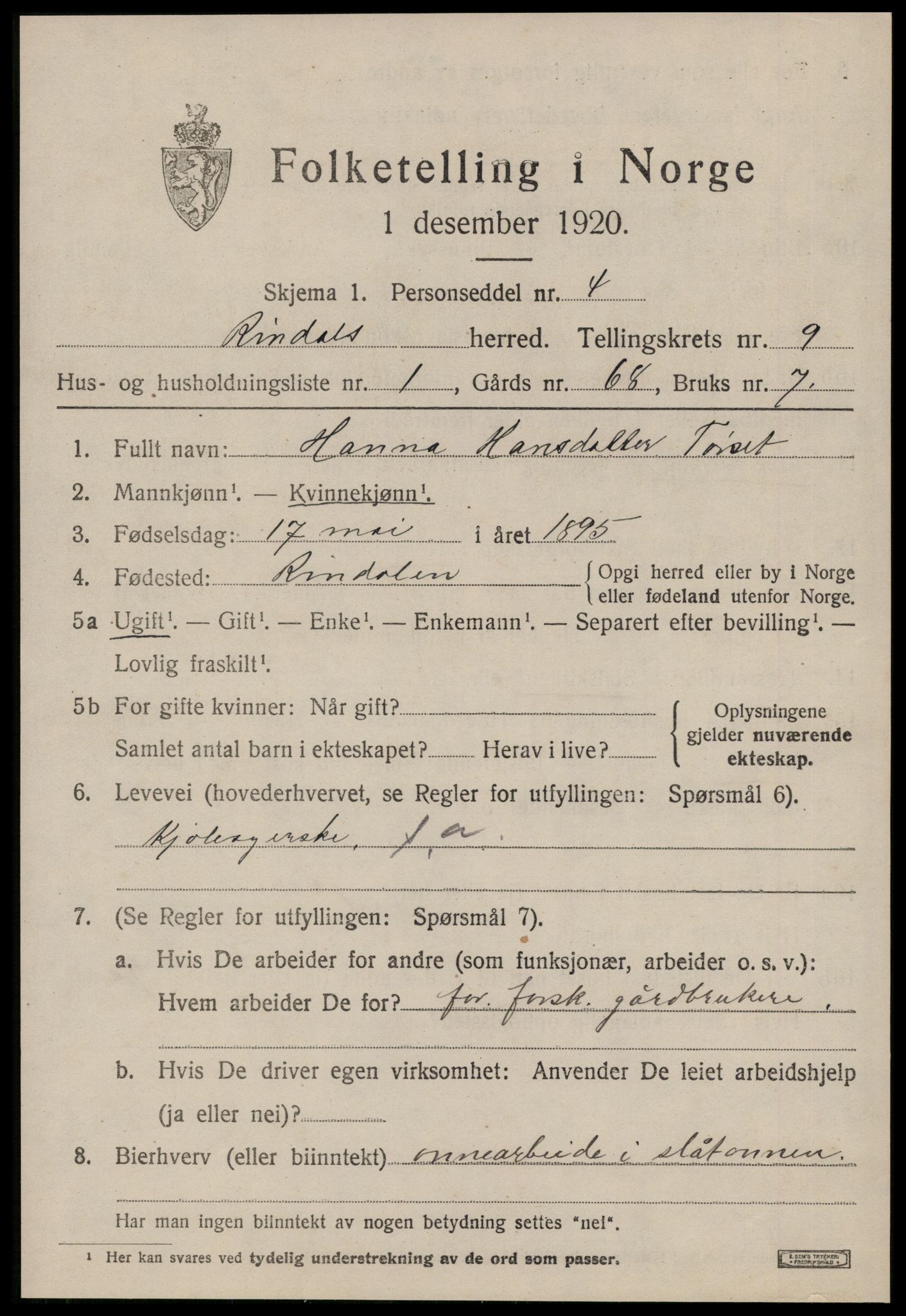 SAT, 1920 census for Rindal, 1920, p. 4536