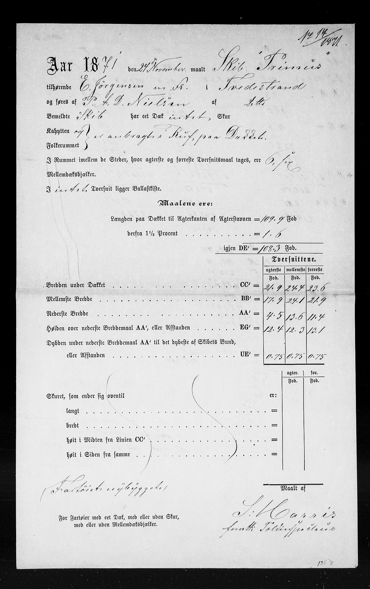 Tvedestrand tollsted, AV/SAK-1351-0011/H/Ha/L0144: Målebrev, 1871-1948, p. 3