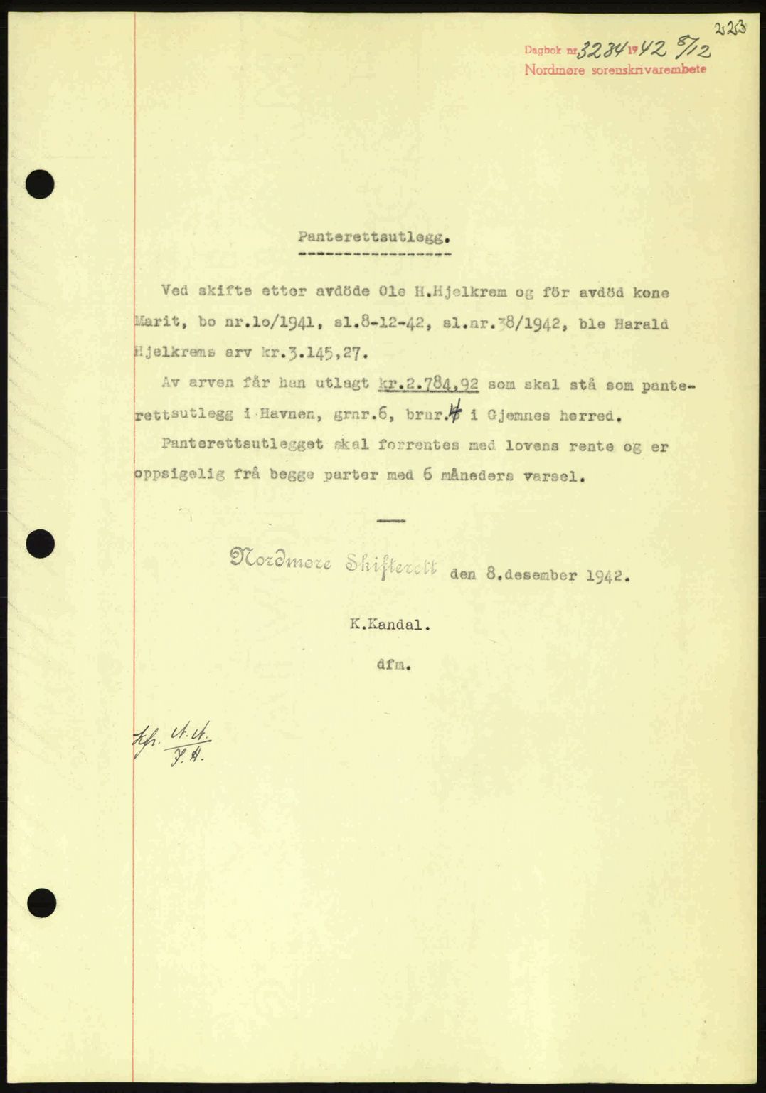 Nordmøre sorenskriveri, AV/SAT-A-4132/1/2/2Ca: Mortgage book no. B90, 1942-1943, Diary no: : 3234/1942