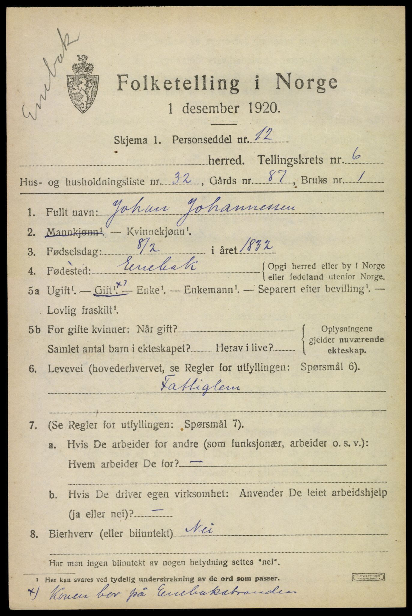 SAO, 1920 census for Enebakk, 1920, p. 5057