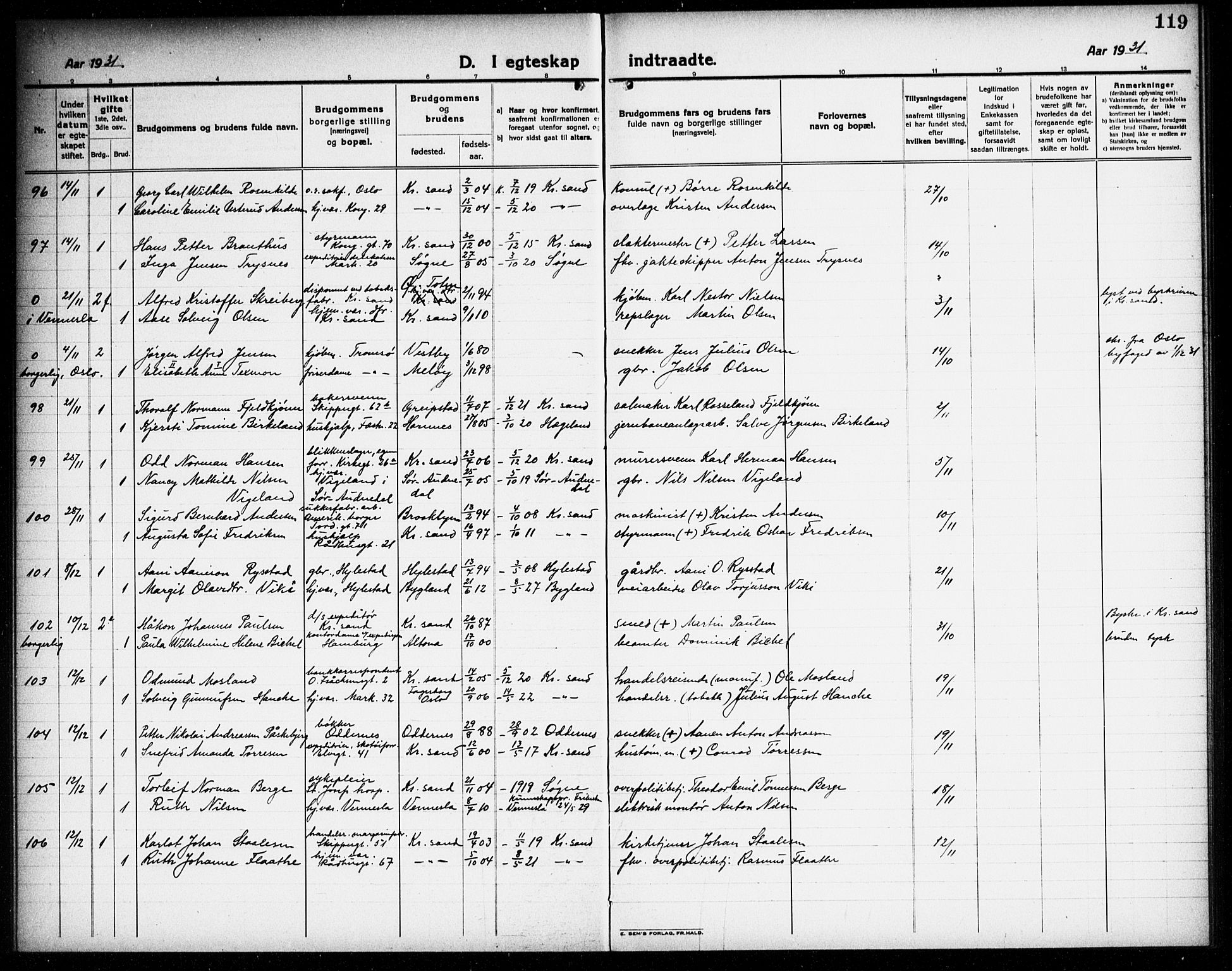 Kristiansand domprosti, AV/SAK-1112-0006/F/Fb/L0023: Parish register (copy) no. B 23, 1921-1937, p. 119