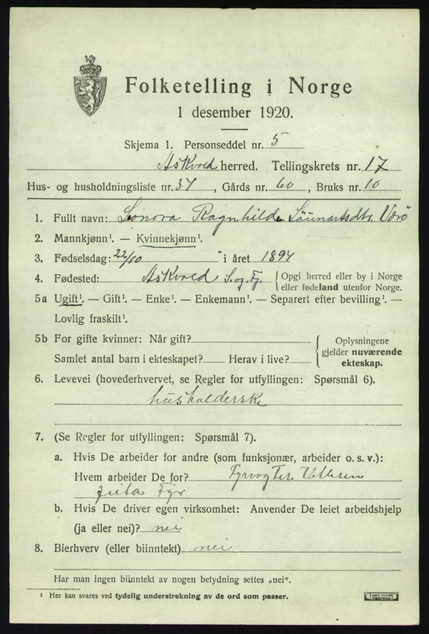 SAB, 1920 census for Askvoll, 1920, p. 6752