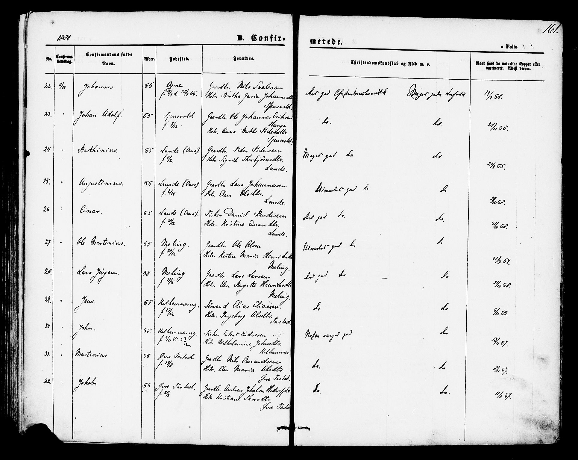 Hetland sokneprestkontor, AV/SAST-A-101826/30/30BA/L0004: Parish register (official) no. A 4, 1862-1881, p. 161