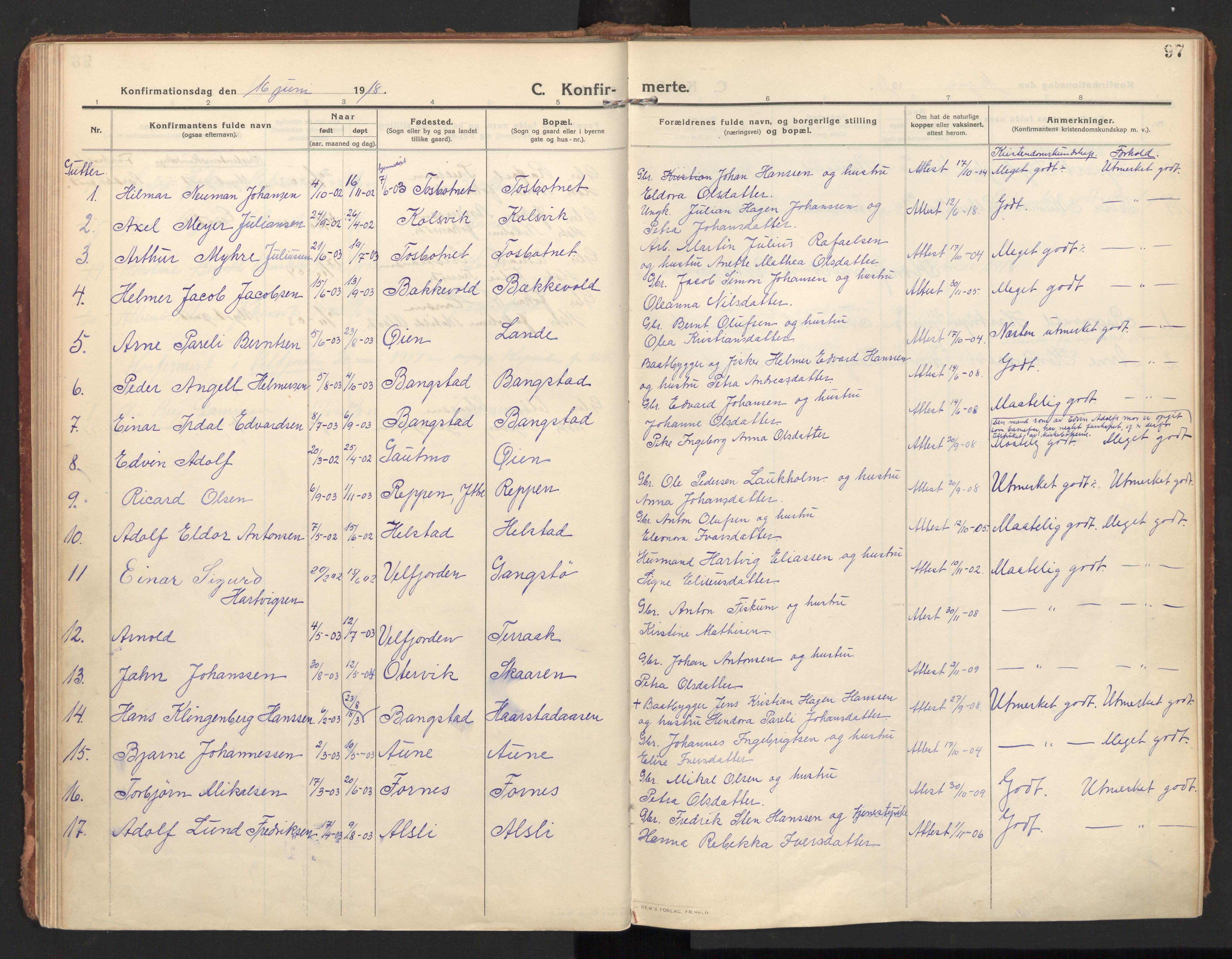 Ministerialprotokoller, klokkerbøker og fødselsregistre - Nordland, SAT/A-1459/810/L0156: Parish register (official) no. 810A15, 1915-1930, p. 97